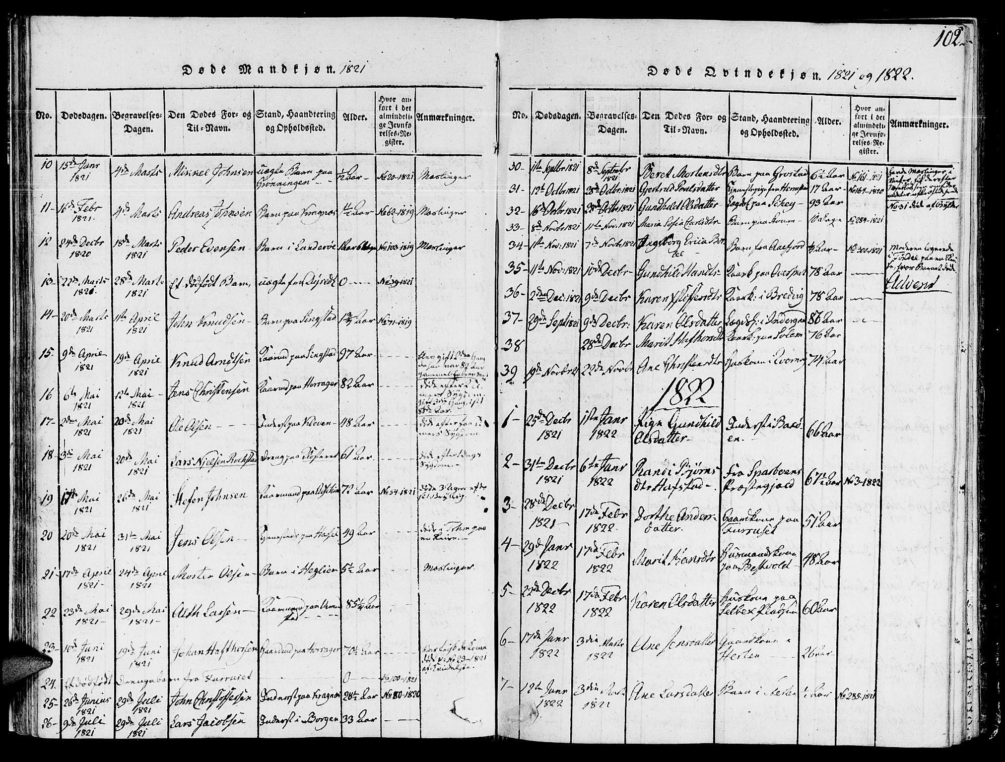 Ministerialprotokoller, klokkerbøker og fødselsregistre - Sør-Trøndelag, SAT/A-1456/646/L0608: Parish register (official) no. 646A06, 1816-1825, p. 102