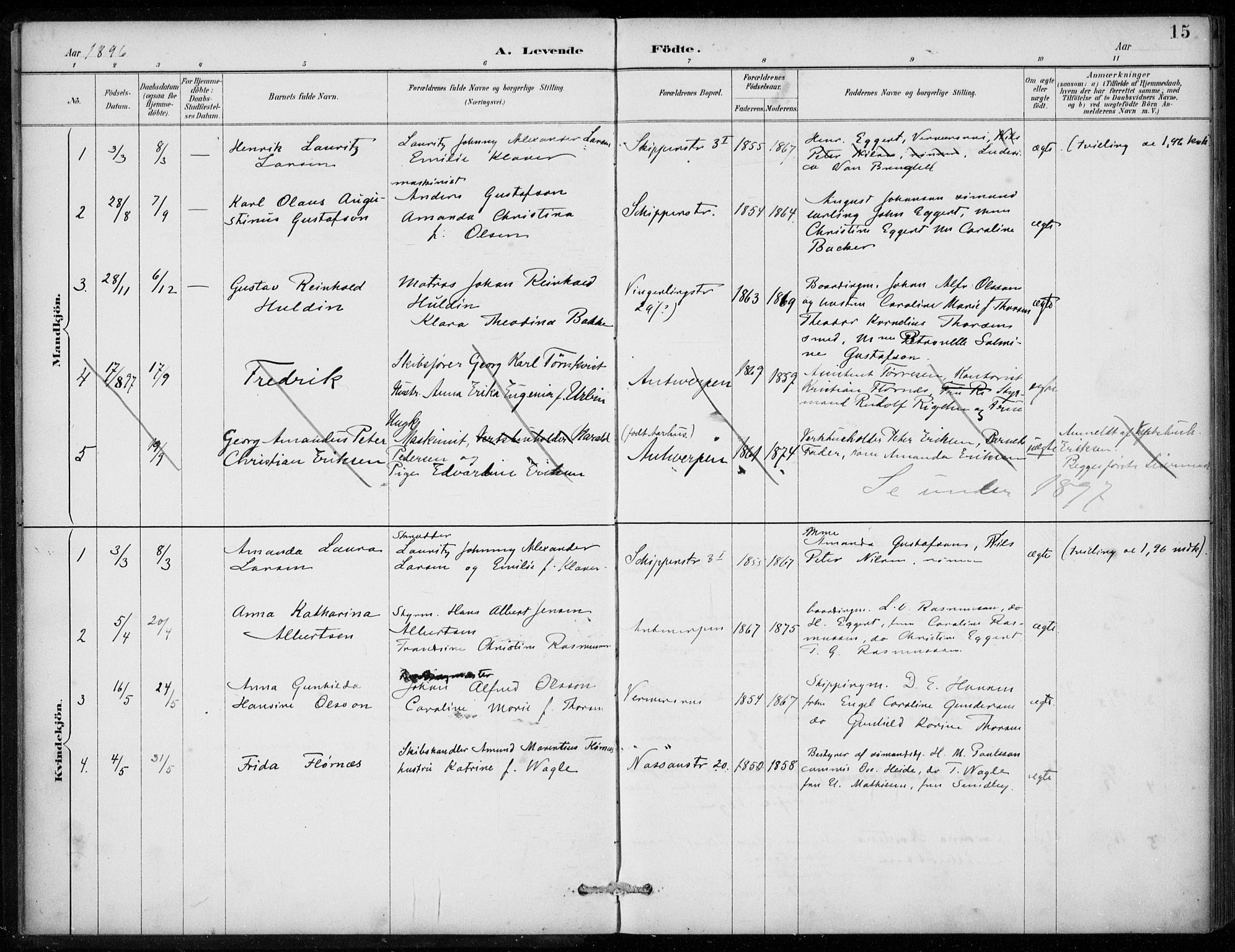 Den norske sjømannsmisjon i utlandet/Antwerpen, SAB/SAB/PA-0105/H/Ha/L0002: Parish register (official) no. A 2, 1887-1913, p. 15