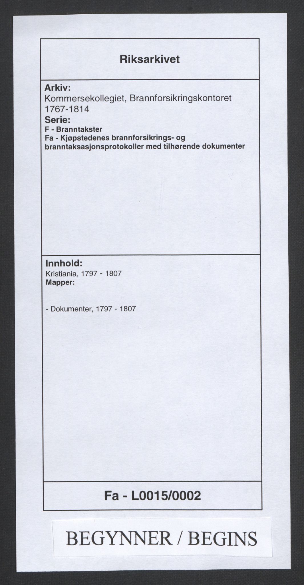 Kommersekollegiet, Brannforsikringskontoret 1767-1814, AV/RA-EA-5458/F/Fa/L0015/0002: Kristiania / Dokumenter, 1797-1807