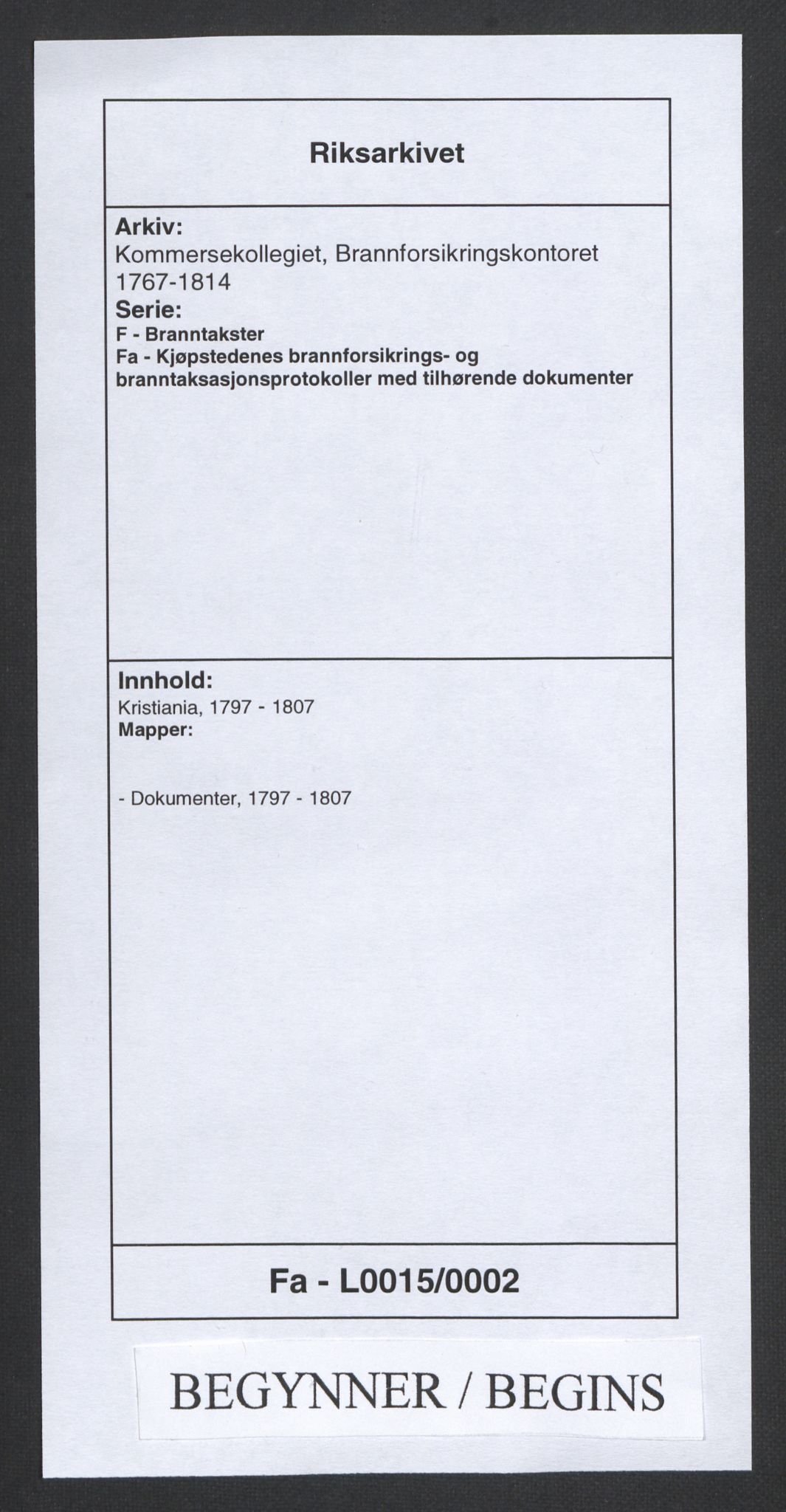 Kommersekollegiet, Brannforsikringskontoret 1767-1814, RA/EA-5458/F/Fa/L0015/0002: Kristiania / Dokumenter, 1797-1807