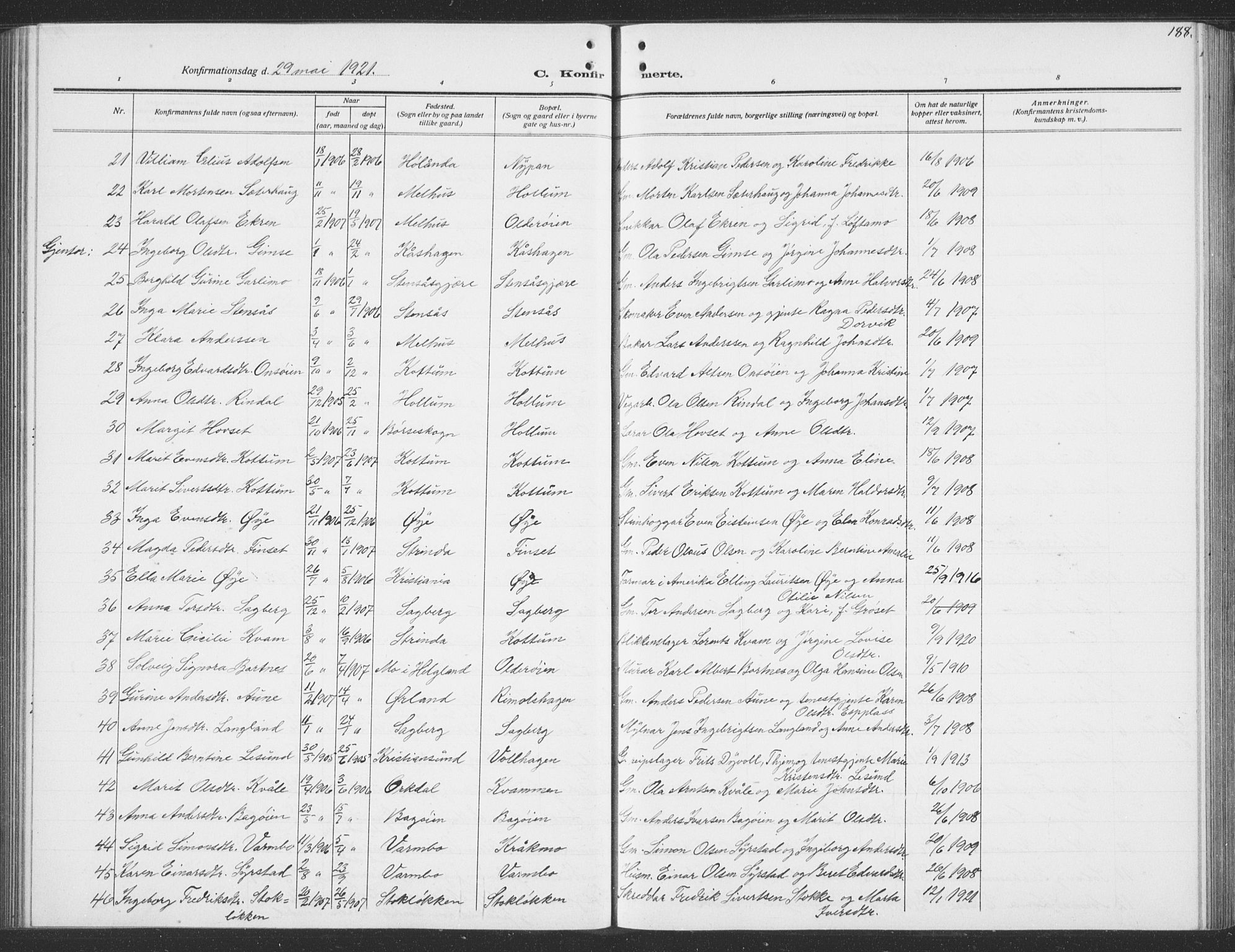 Ministerialprotokoller, klokkerbøker og fødselsregistre - Sør-Trøndelag, SAT/A-1456/691/L1095: Parish register (copy) no. 691C06, 1912-1933, p. 188