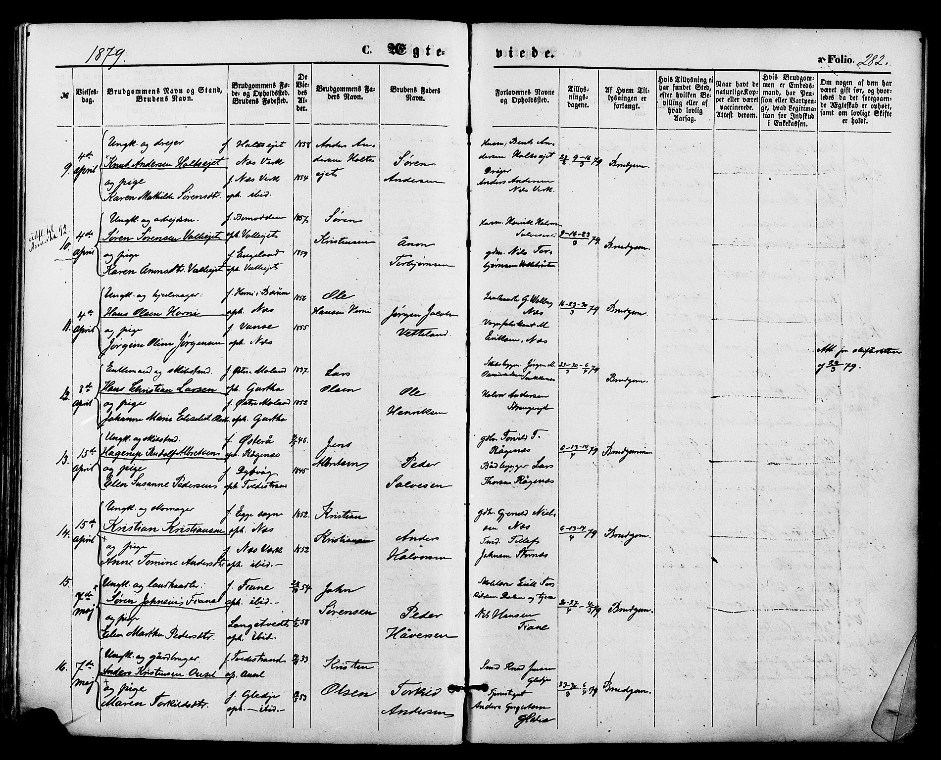 Holt sokneprestkontor, AV/SAK-1111-0021/F/Fa/L0010: Parish register (official) no. A 10, 1872-1885, p. 282