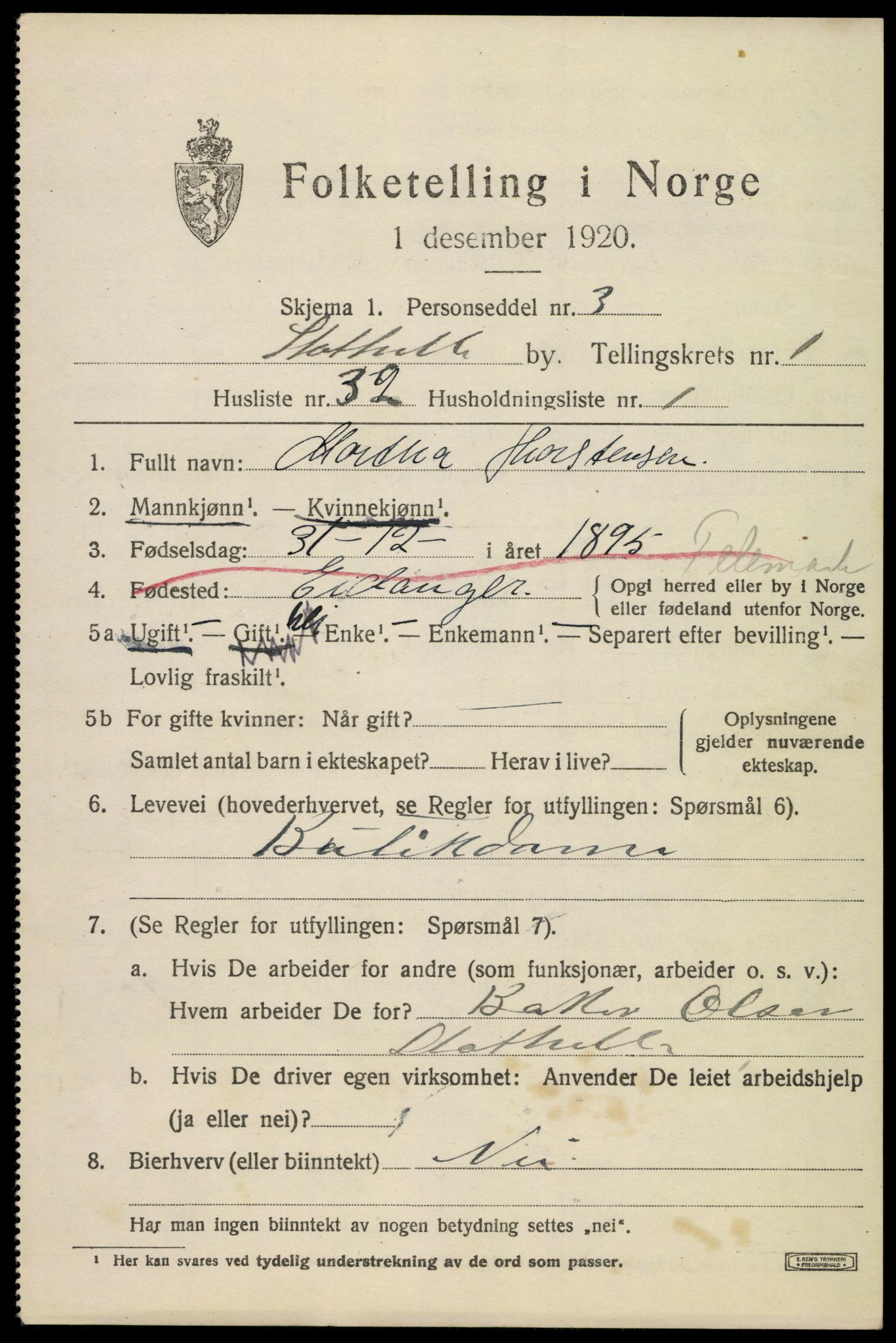 SAKO, 1920 census for Stathelle, 1920, p. 825