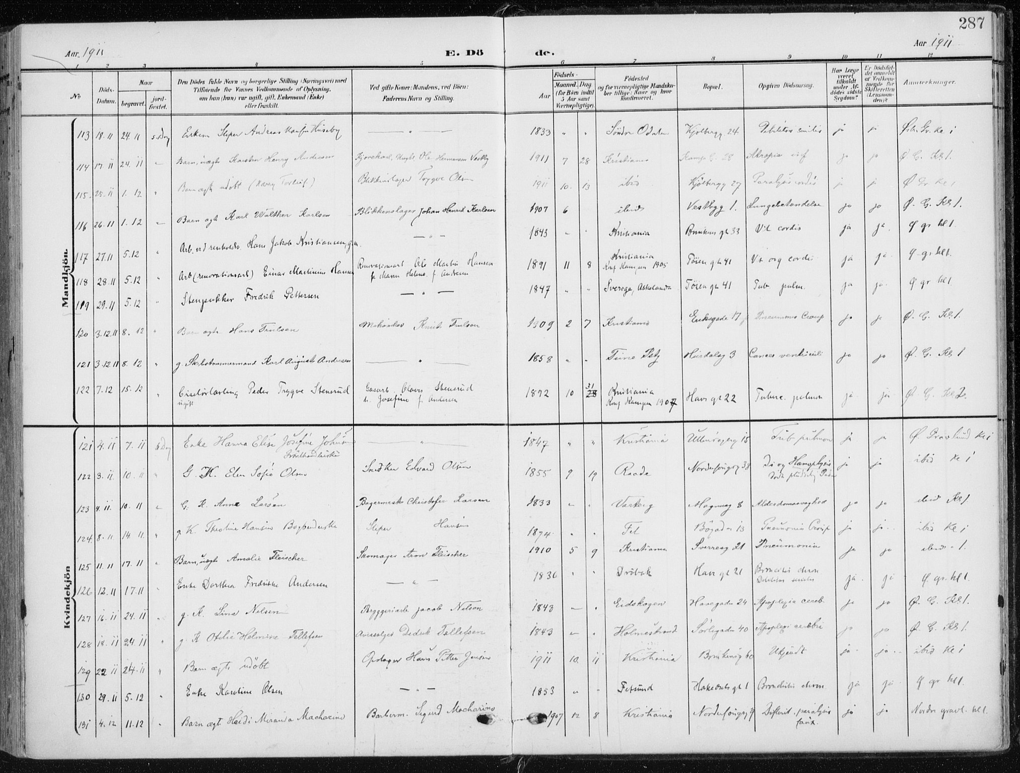 Kampen prestekontor Kirkebøker, AV/SAO-A-10853/F/Fa/L0011: Parish register (official) no. I 11, 1907-1917, p. 287