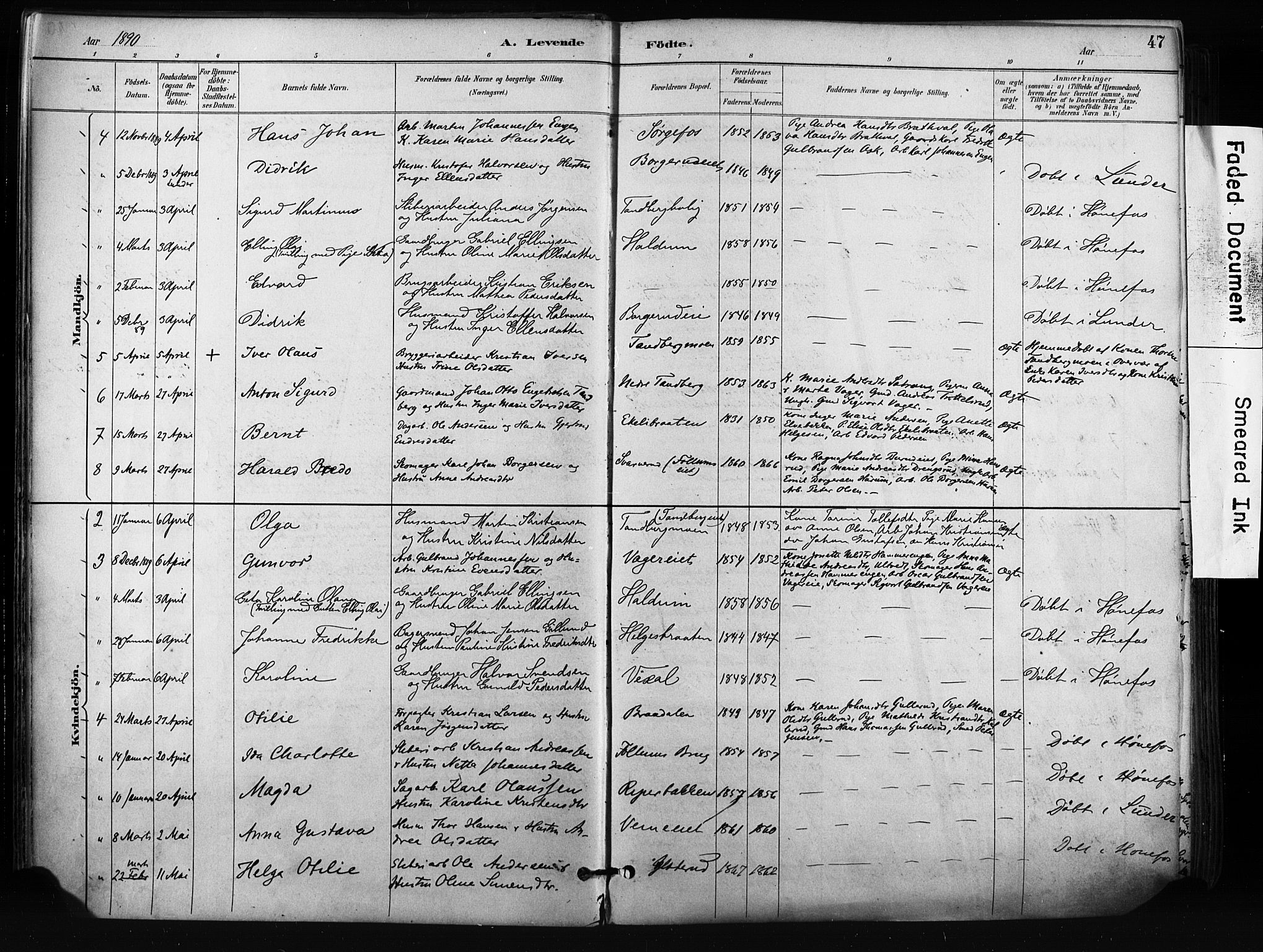 Norderhov kirkebøker, AV/SAKO-A-237/F/Fa/L0016: Parish register (official) no. 16, 1885-1902, p. 47