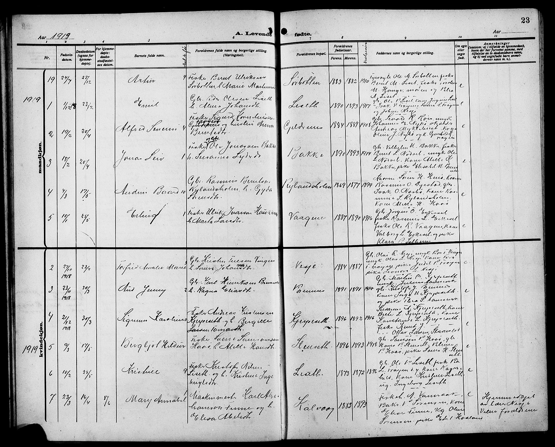 Bremanger sokneprestembete, AV/SAB-A-82201/H/Hab/Habb/L0001: Parish register (copy) no. B 1, 1906-1925, p. 23