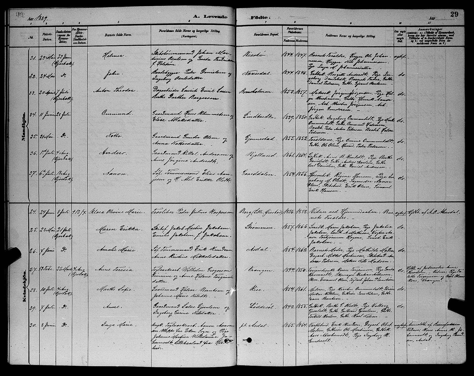 Øyestad sokneprestkontor, AV/SAK-1111-0049/F/Fb/L0009: Parish register (copy) no. B 9, 1886-1896, p. 29