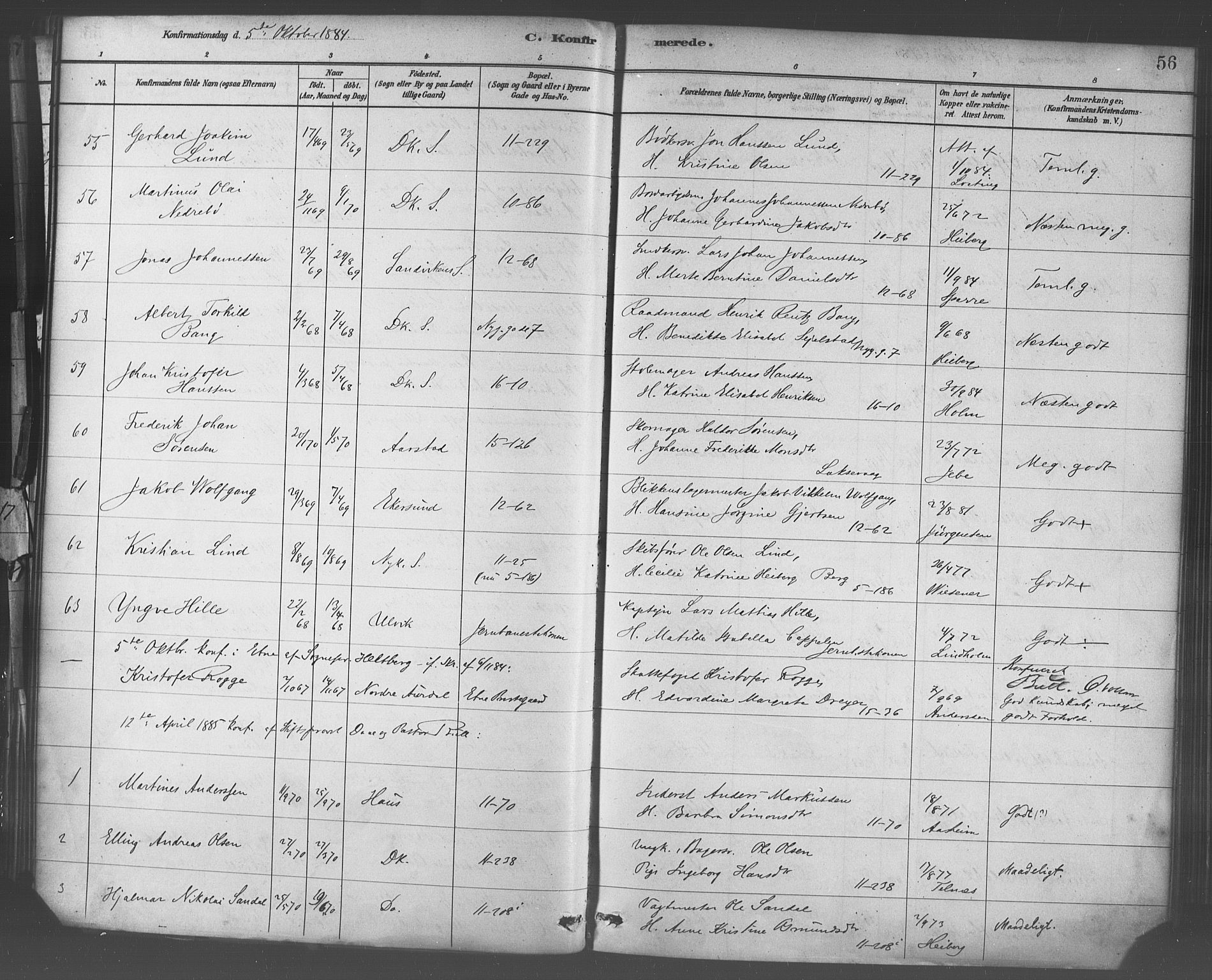 Domkirken sokneprestembete, AV/SAB-A-74801/H/Haa/L0030: Parish register (official) no. C 5, 1880-1898, p. 56