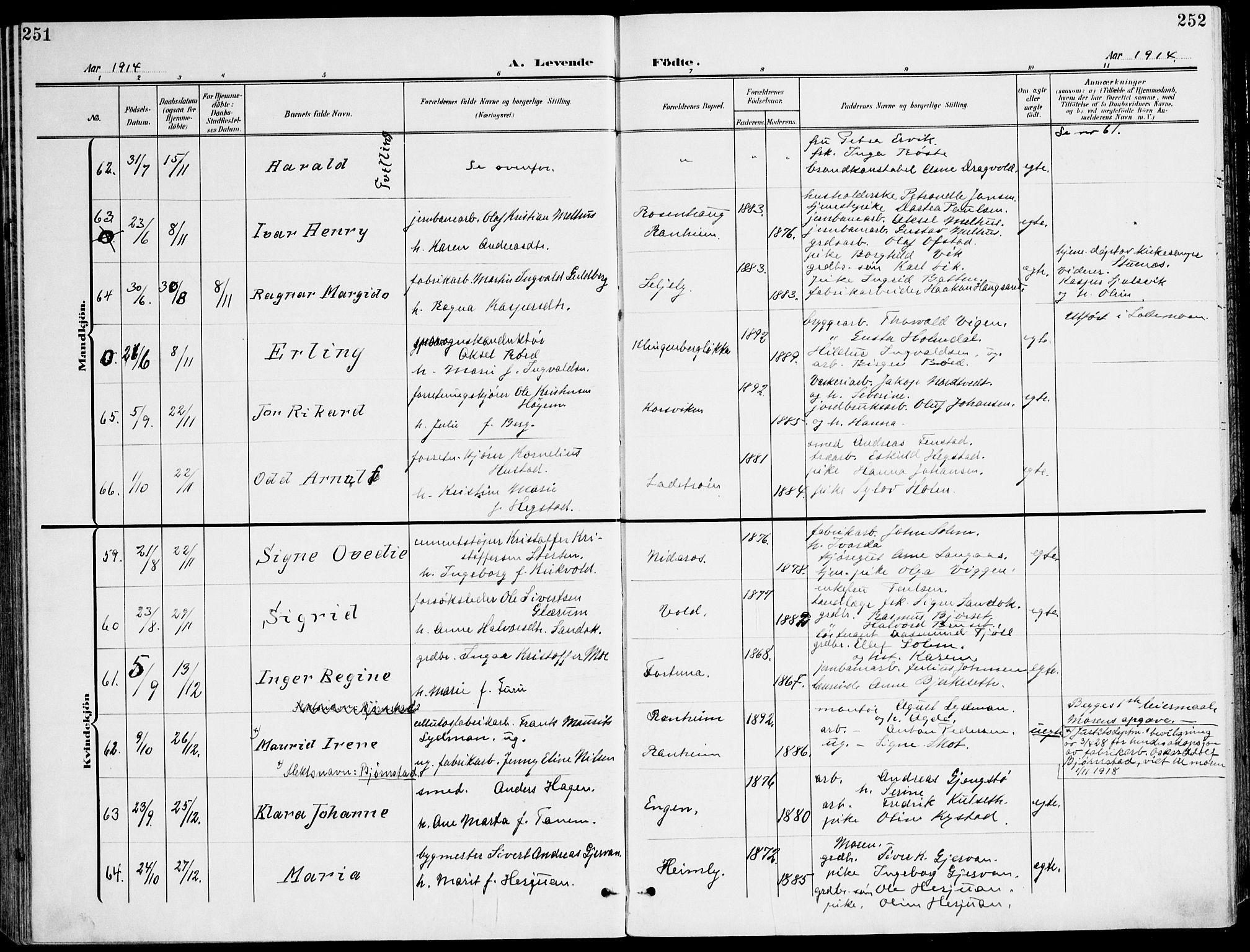 Ministerialprotokoller, klokkerbøker og fødselsregistre - Sør-Trøndelag, AV/SAT-A-1456/607/L0320: Parish register (official) no. 607A04, 1907-1915, p. 251-252