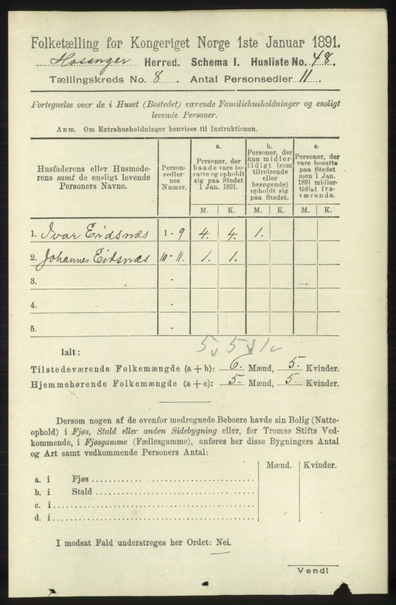 RA, 1891 census for 1253 Hosanger, 1891, p. 2948