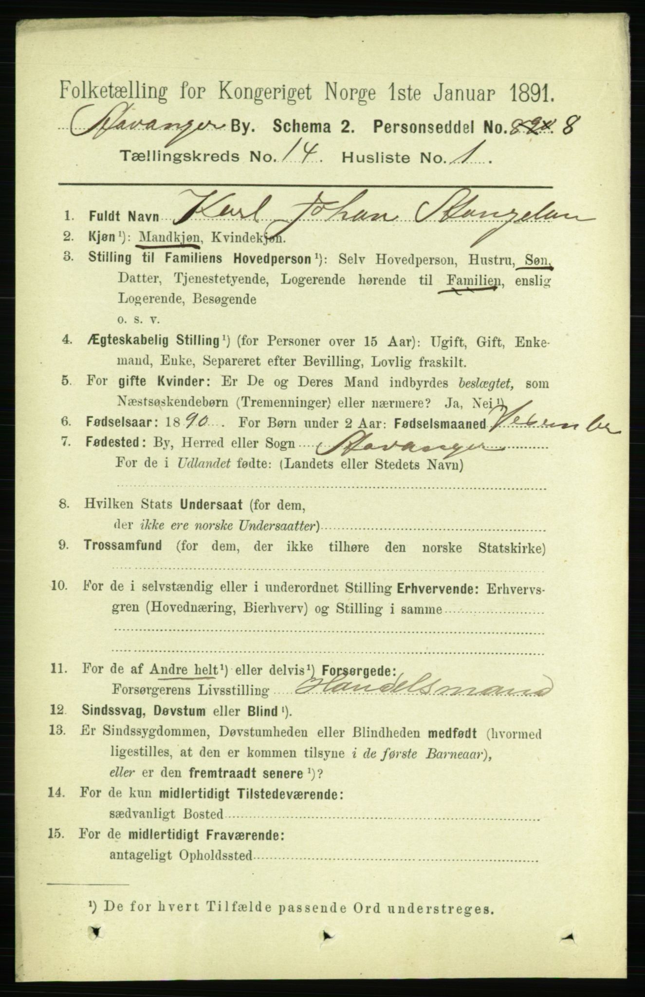 RA, 1891 census for 1103 Stavanger, 1891, p. 16945