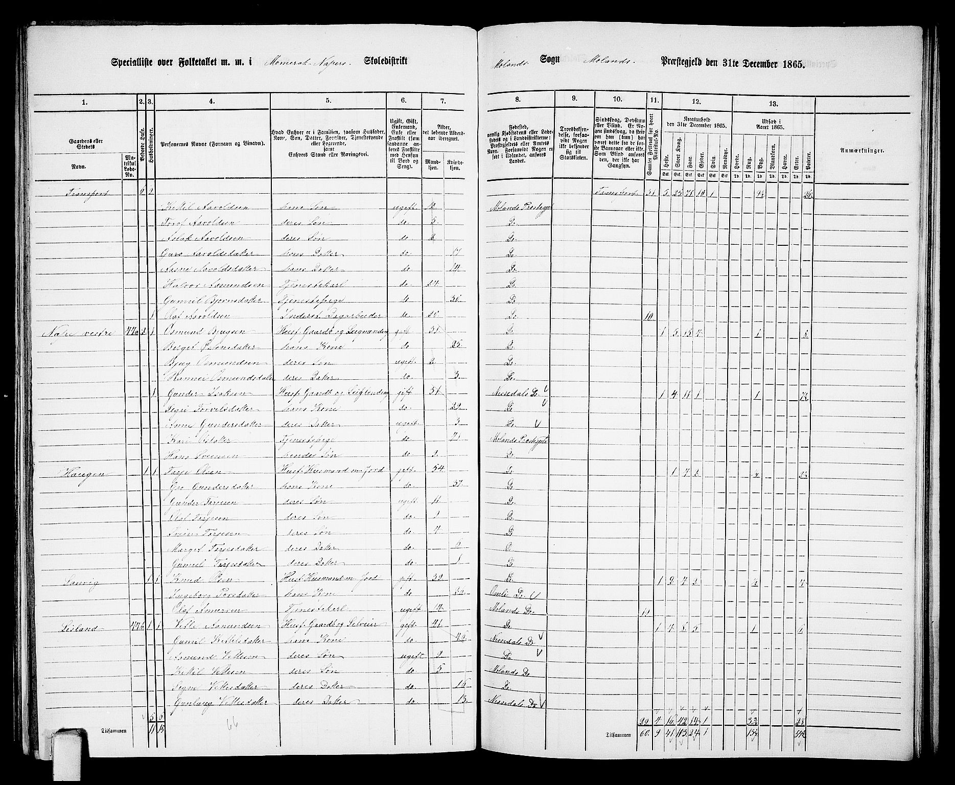 RA, 1865 census for Moland, 1865, p. 39