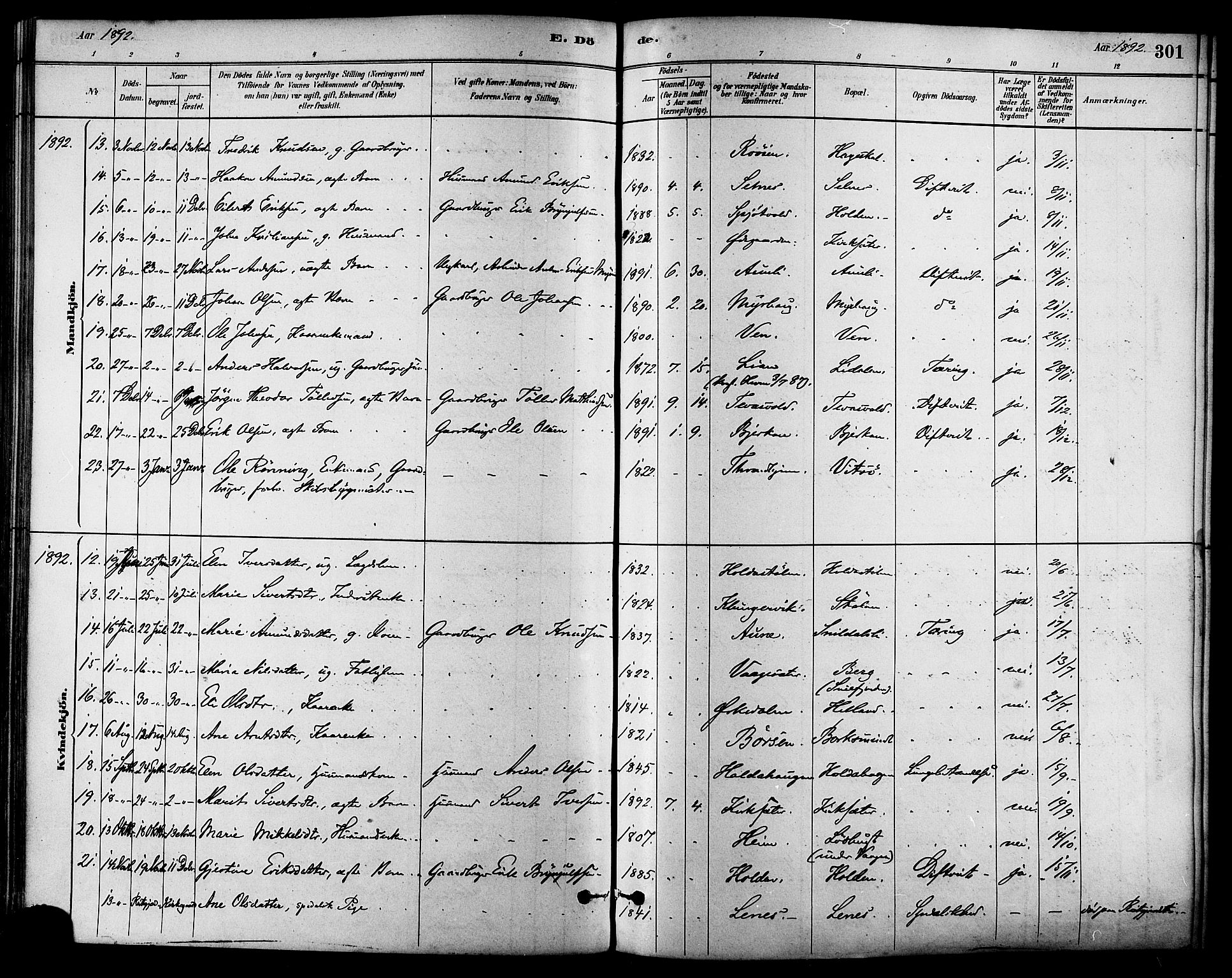 Ministerialprotokoller, klokkerbøker og fødselsregistre - Sør-Trøndelag, AV/SAT-A-1456/630/L0496: Parish register (official) no. 630A09, 1879-1895, p. 301