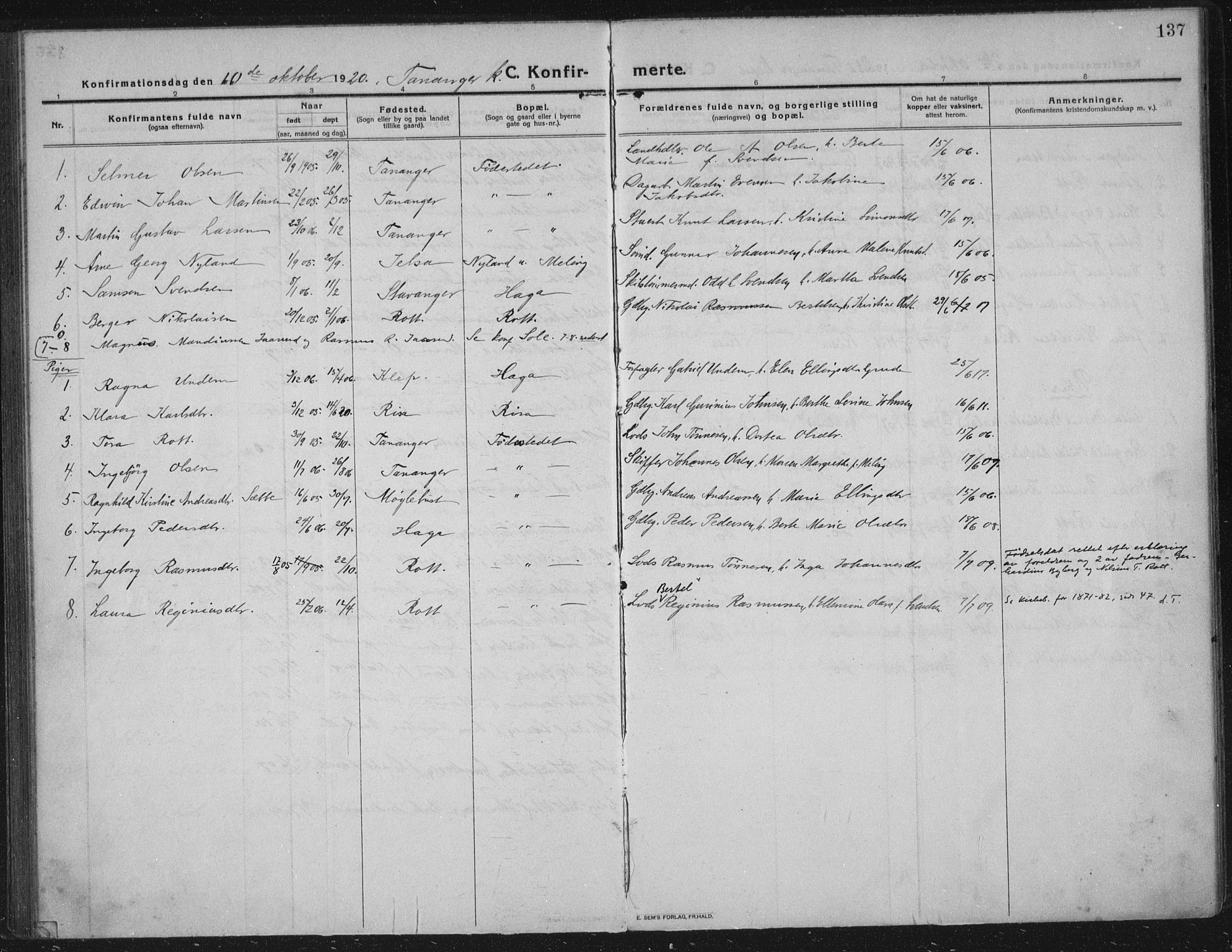Håland sokneprestkontor, SAST/A-101802/002/C/L0001: Parish register (official) no. A 14, 1913-1927, p. 137