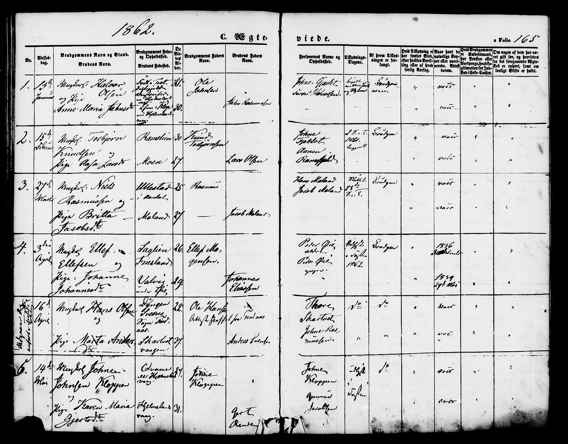 Hjelmeland sokneprestkontor, SAST/A-101843/01/IV/L0011: Parish register (official) no. A 11, 1861-1878, p. 165