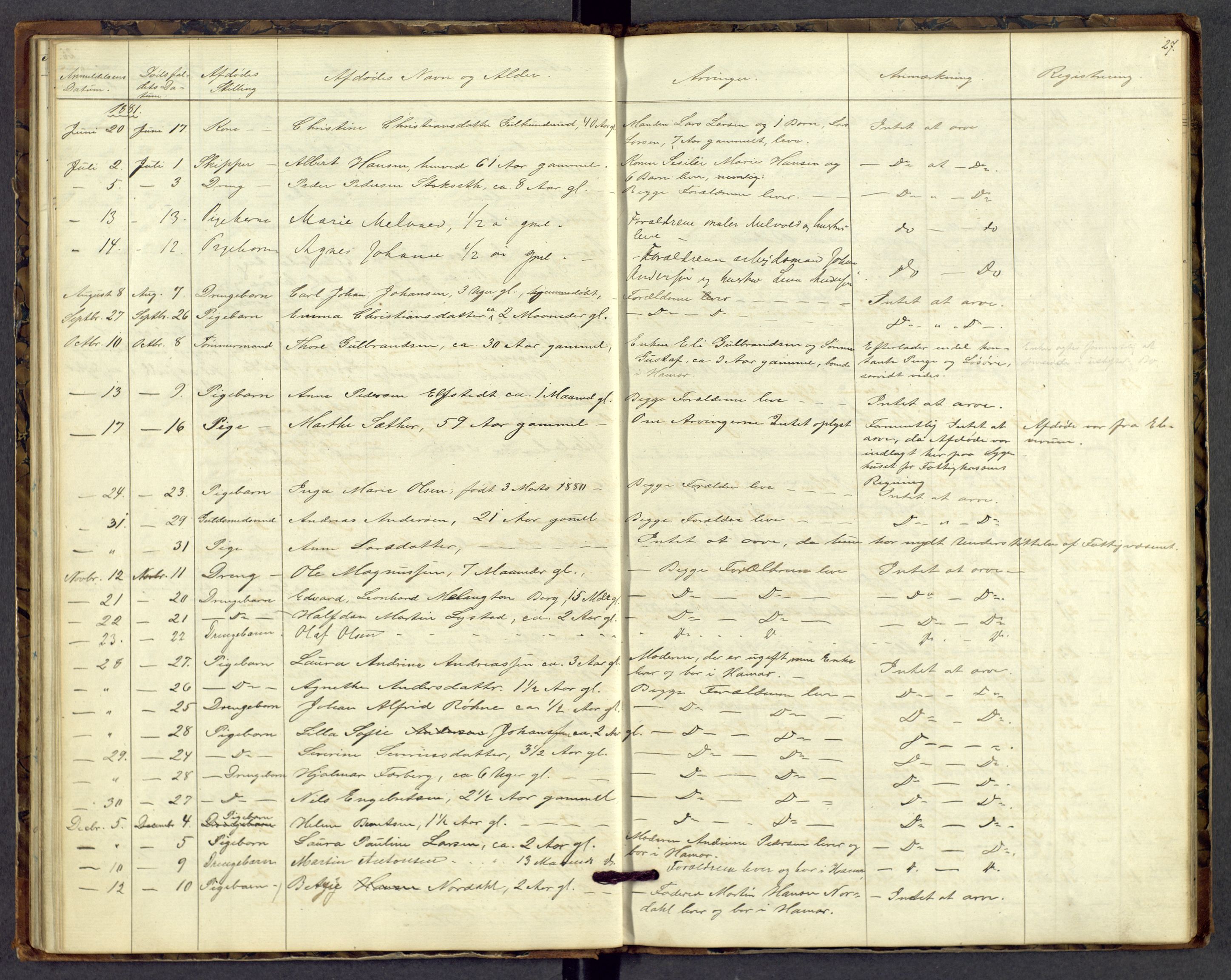 Hamar byfogd og byskriver, AV/SAH-TING-046/J/Jd/L0001: Dødsfallsprotokoll, 1862-1894, p. 27