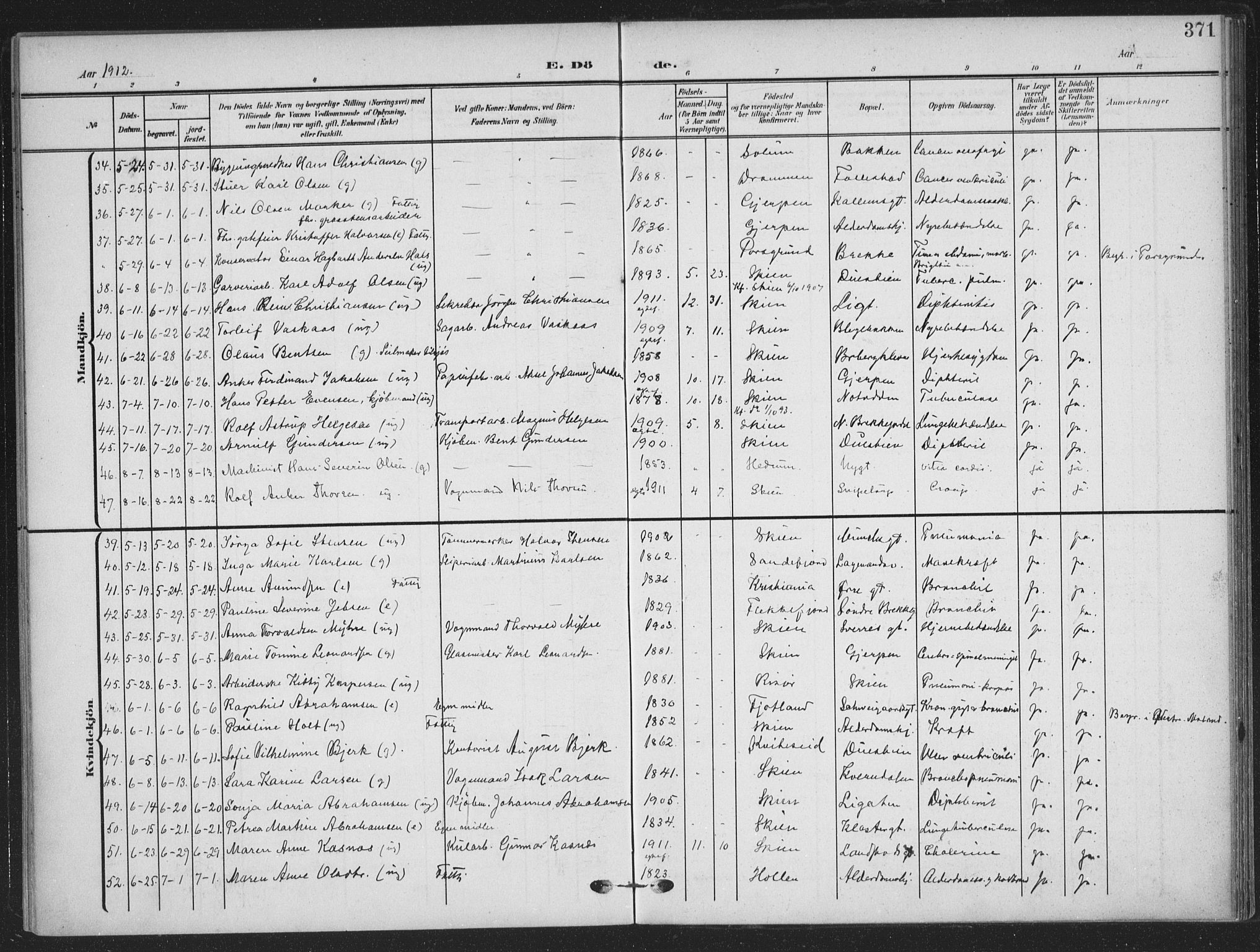 Skien kirkebøker, SAKO/A-302/F/Fa/L0012: Parish register (official) no. 12, 1908-1914, p. 371