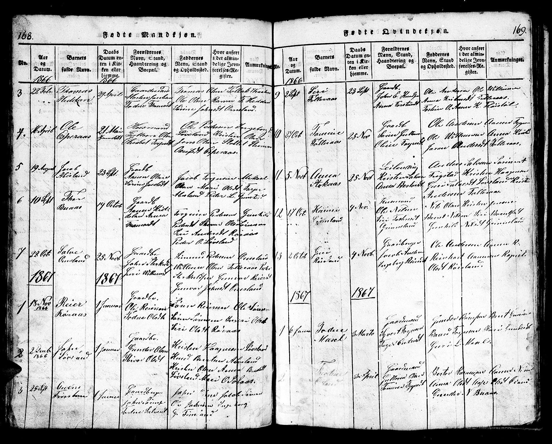 Bjelland sokneprestkontor, SAK/1111-0005/F/Fb/Fbb/L0003: Parish register (copy) no. B 3, 1816-1868, p. 168-169