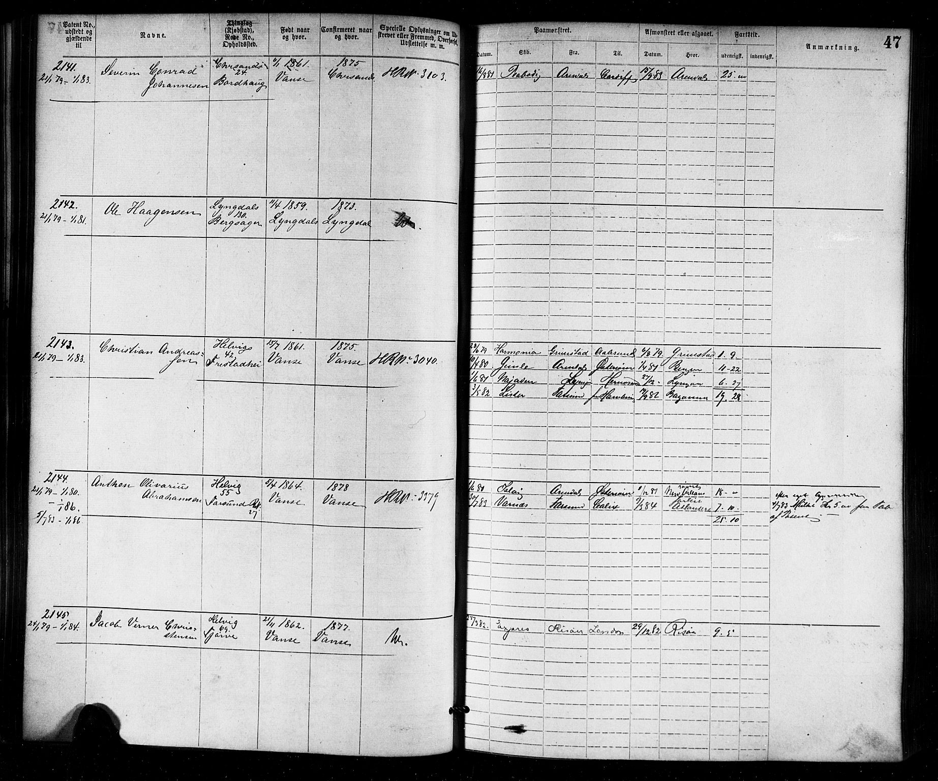 Farsund mønstringskrets, SAK/2031-0017/F/Fa/L0006: Annotasjonsrulle nr 1911-3805 med register, Z-3, 1877-1894, p. 74