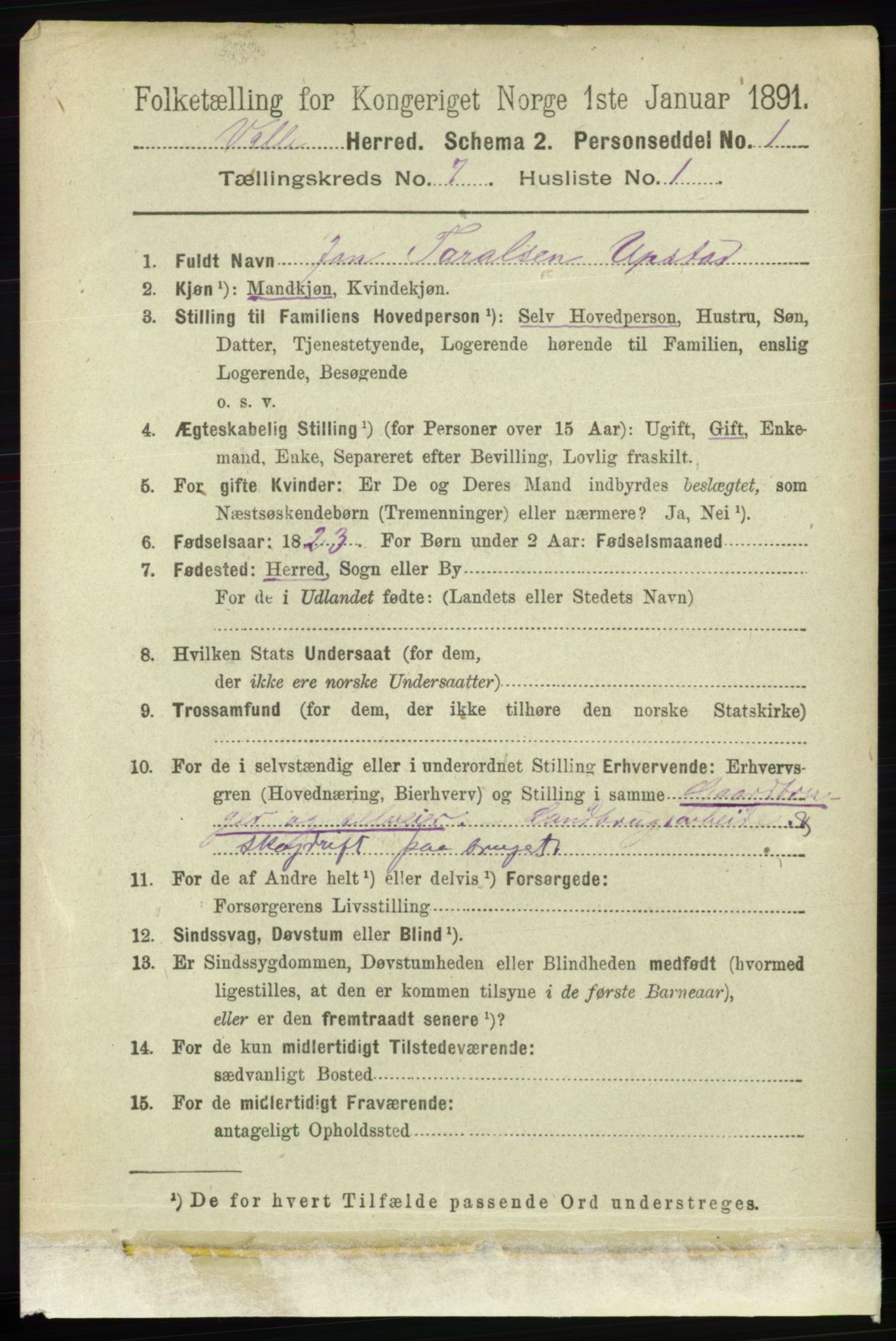 RA, 1891 census for 0940 Valle, 1891, p. 1967