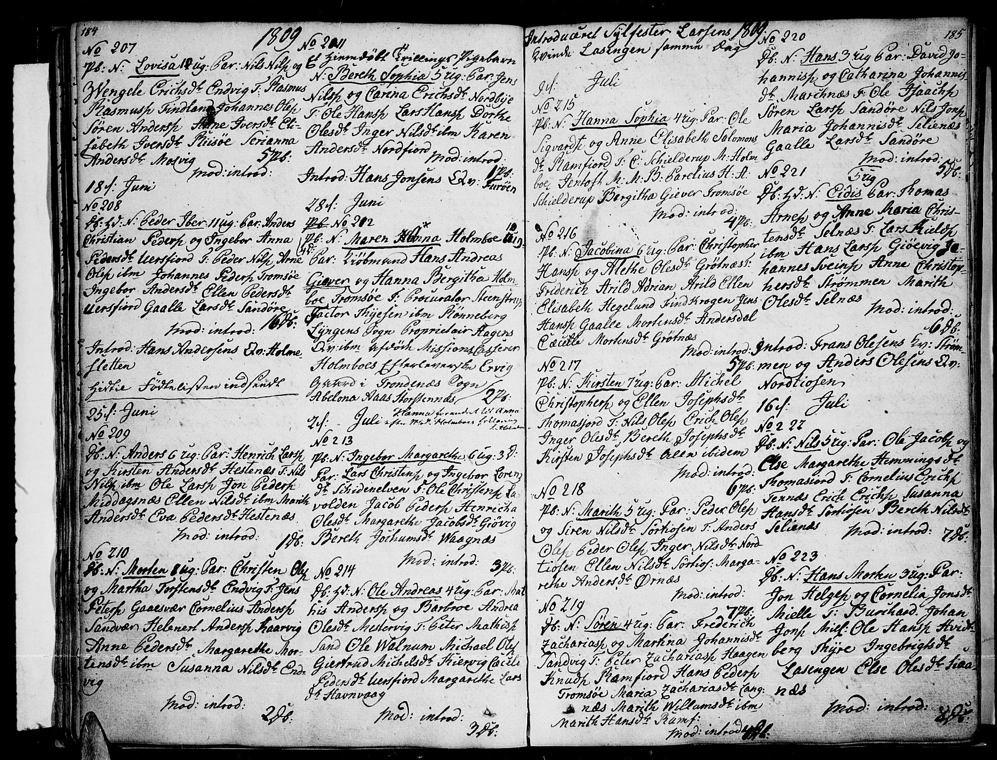 Tromsø sokneprestkontor/stiftsprosti/domprosti, AV/SATØ-S-1343/G/Ga/L0006kirke: Parish register (official) no. 6, 1806-1821, p. 184-185