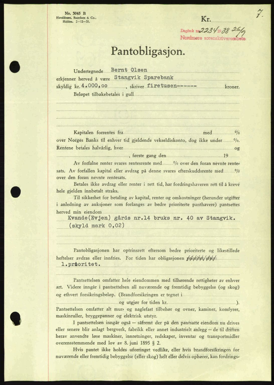 Nordmøre sorenskriveri, SAT/A-4132/1/2/2Ca: Mortgage book no. B84, 1938-1939, Diary no: : 2234/1938