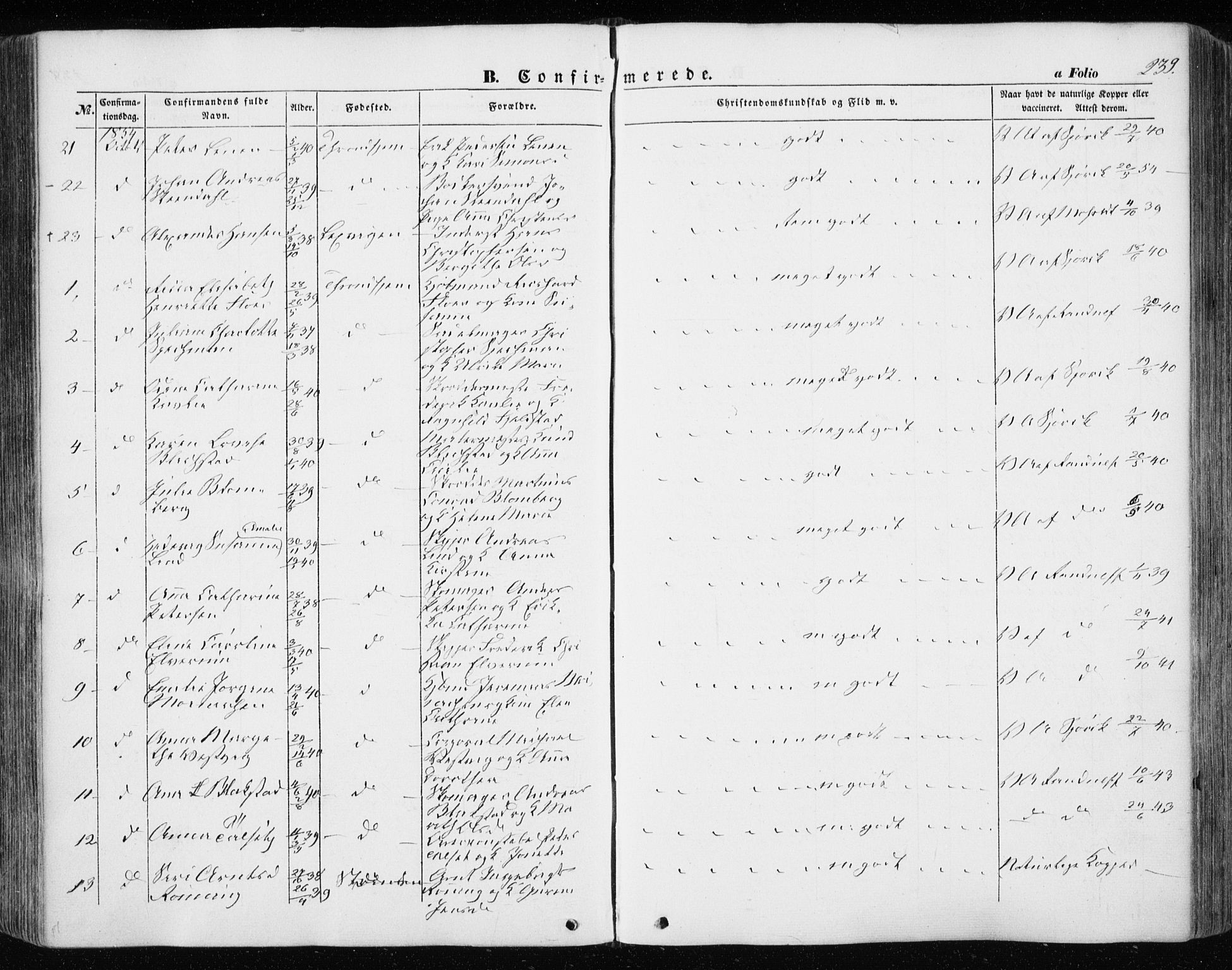 Ministerialprotokoller, klokkerbøker og fødselsregistre - Sør-Trøndelag, AV/SAT-A-1456/601/L0051: Parish register (official) no. 601A19, 1848-1857, p. 239