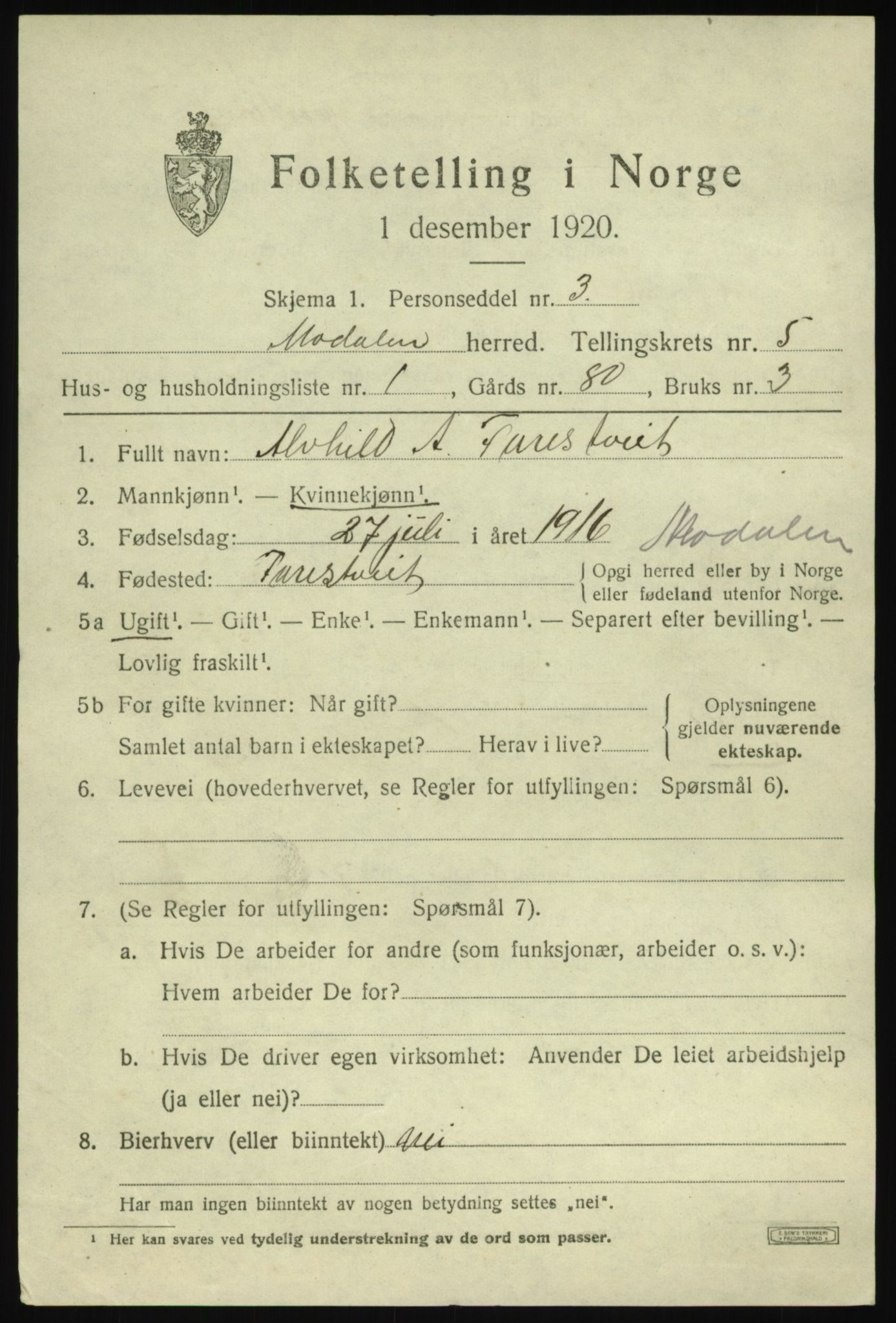 SAB, 1920 census for Modalen, 1920, p. 958