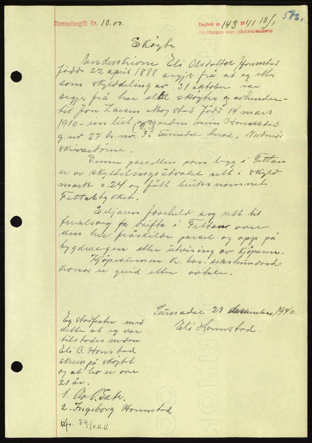 Nordmøre sorenskriveri, SAT/A-4132/1/2/2Ca: Mortgage book no. A89, 1940-1941, Diary no: : 143/1941