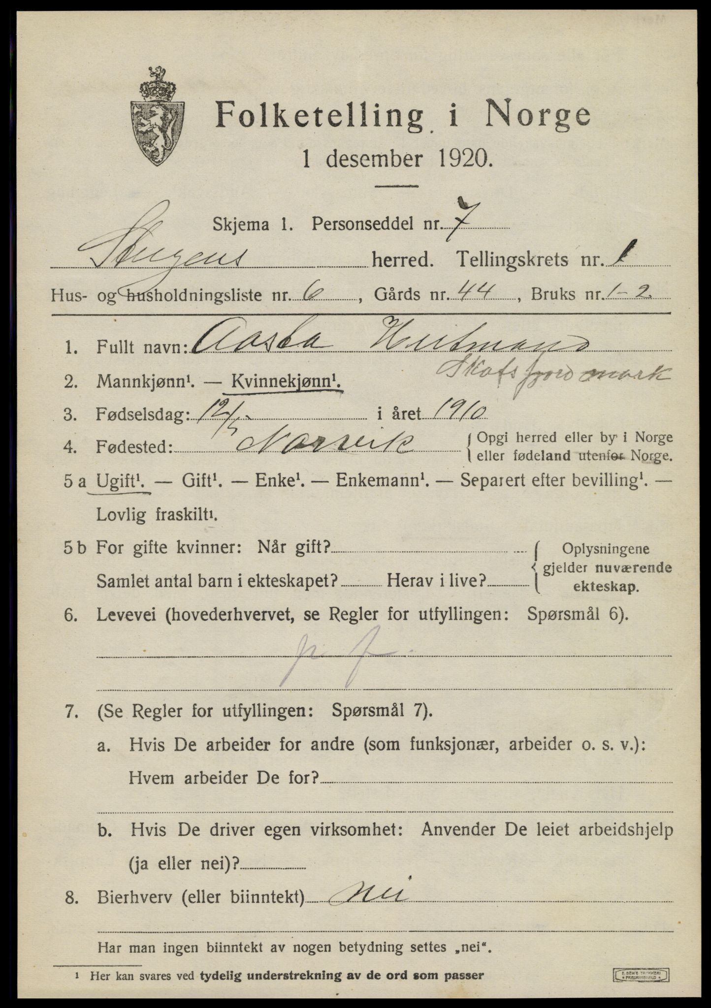 SAT, 1920 census for Steigen, 1920, p. 926