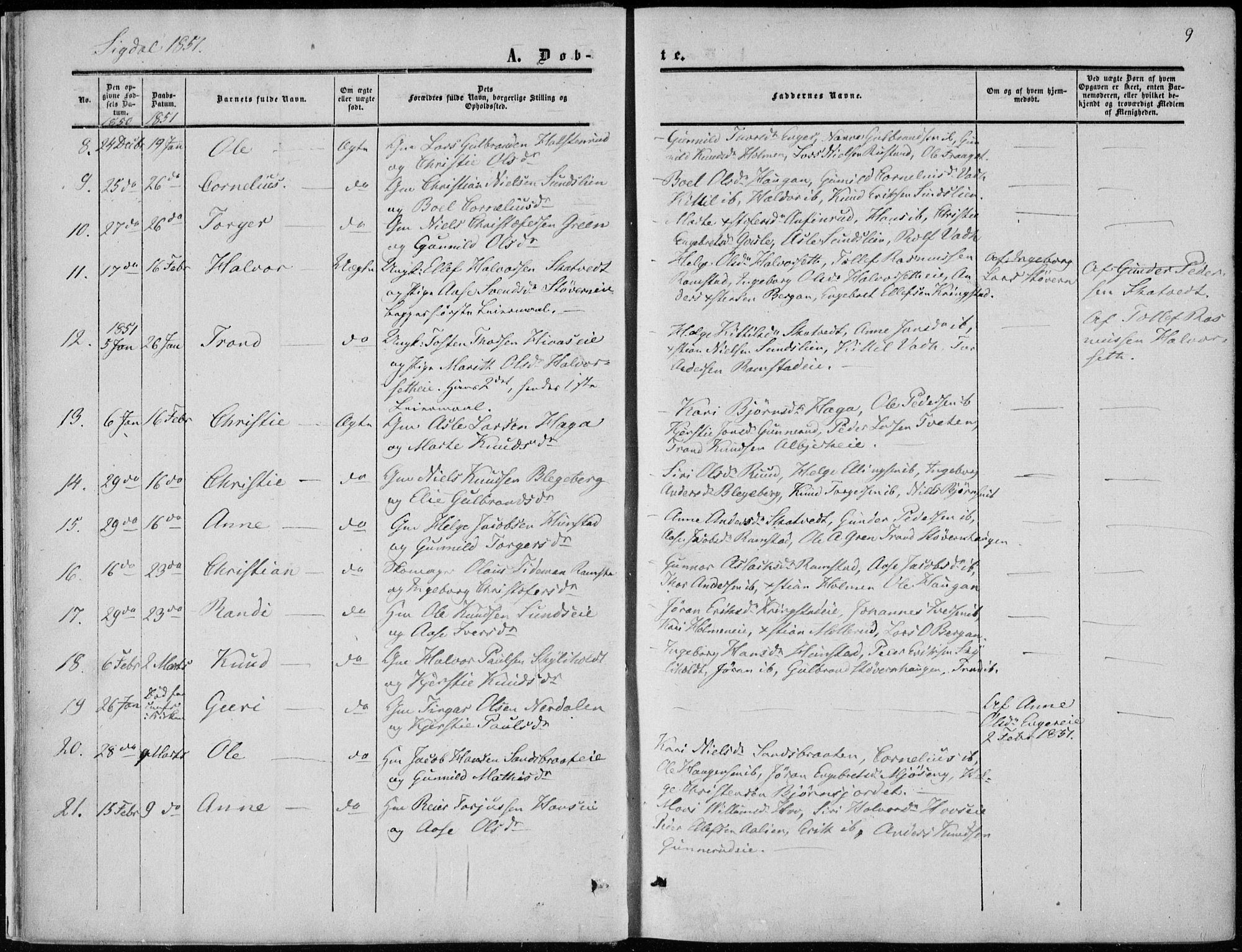 Sigdal kirkebøker, AV/SAKO-A-245/F/Fa/L0008: Parish register (official) no. I 8, 1850-1859, p. 9