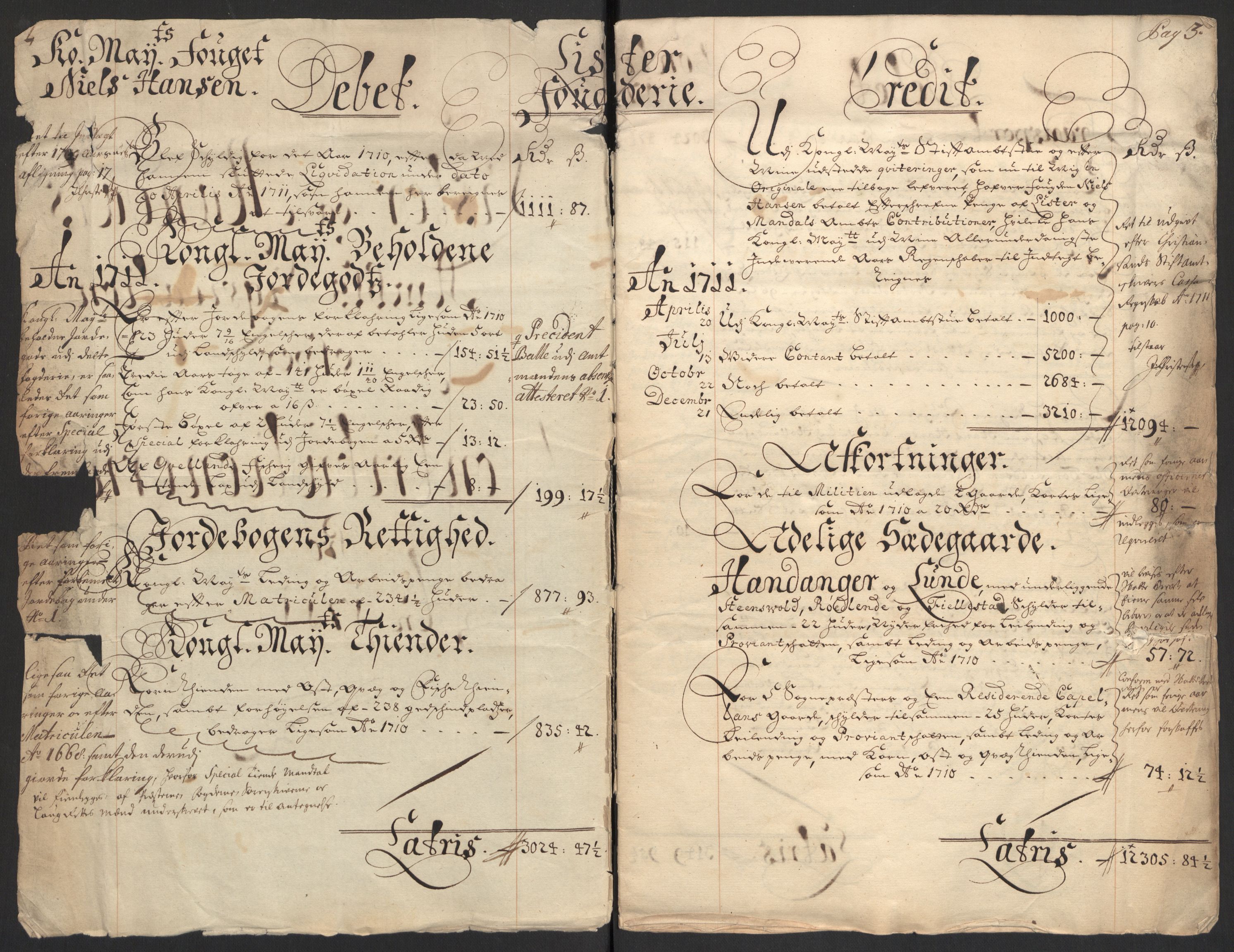 Rentekammeret inntil 1814, Reviderte regnskaper, Fogderegnskap, AV/RA-EA-4092/R43/L2554: Fogderegnskap Lista og Mandal, 1711, p. 4