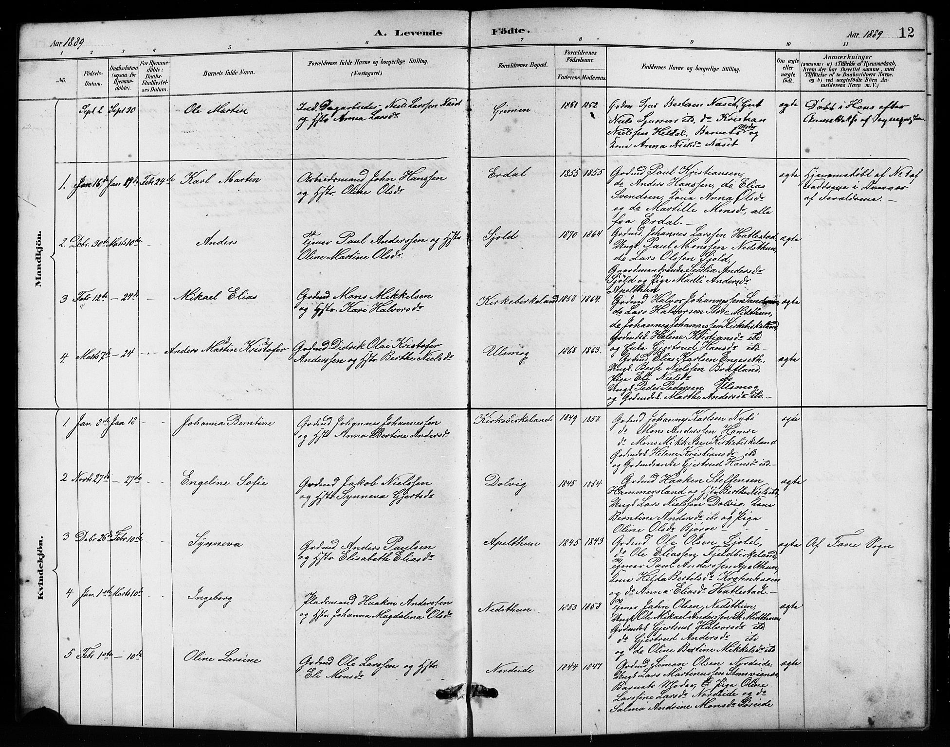 Birkeland Sokneprestembete, SAB/A-74601/H/Hab: Parish register (copy) no. A 4, 1888-1897, p. 12