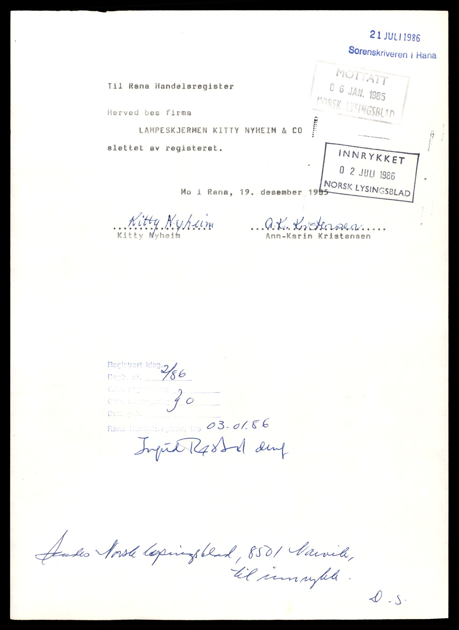 Rana sorenskriveri , SAT/A-1108/2/J/Jd/Jda/L0003: Bilag. Enkeltmannsforetak L - R, 1946-1987, p. 5