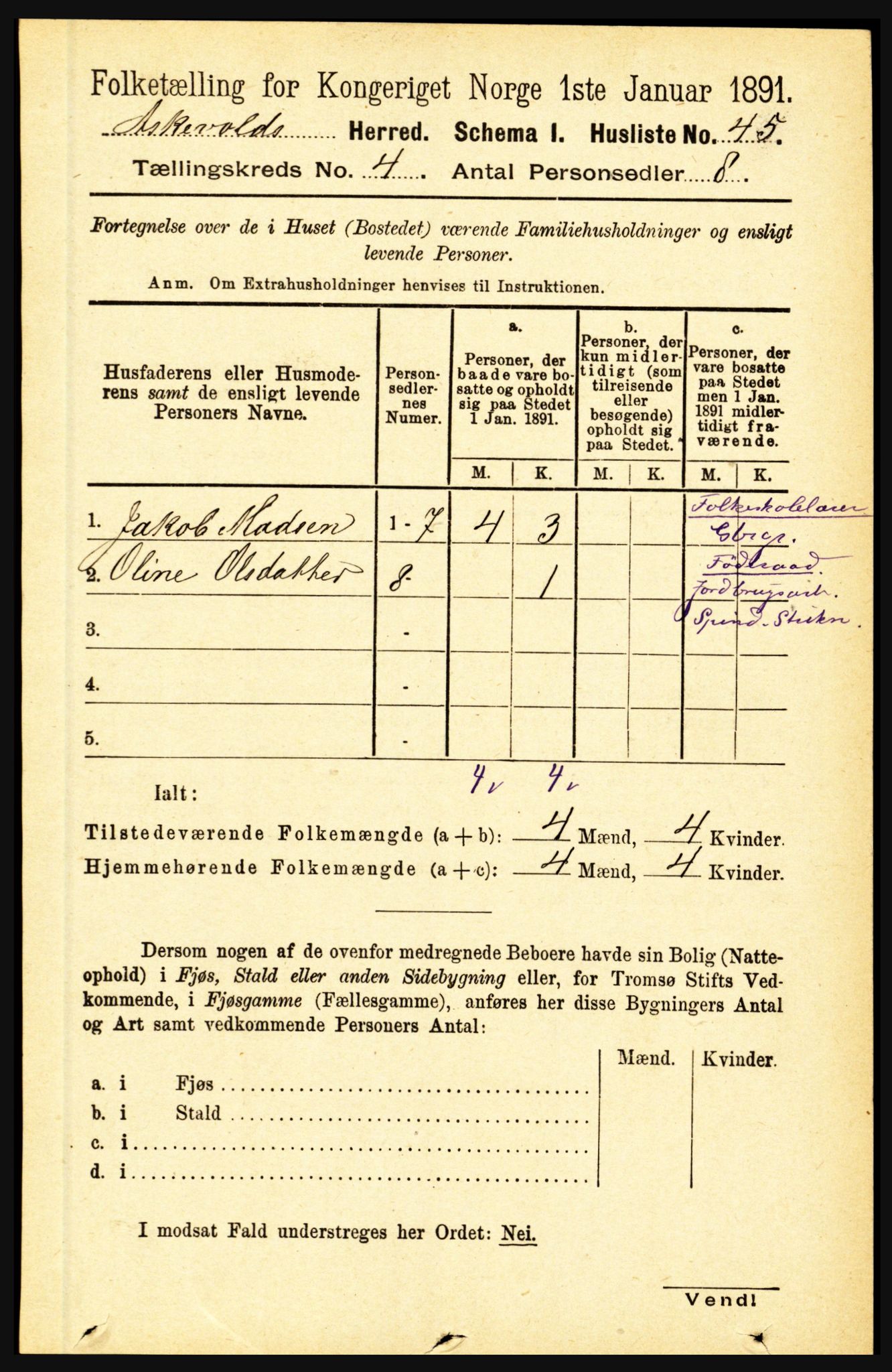 RA, 1891 census for 1428 Askvoll, 1891, p. 1233