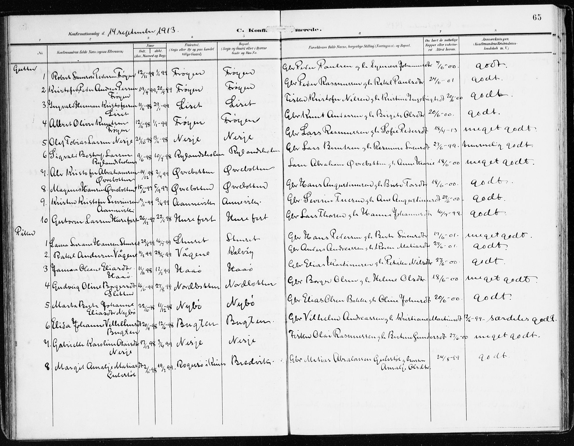 Bremanger sokneprestembete, SAB/A-82201/H/Haa/Haab/L0003: Parish register (official) no. B 3, 1908-1925, p. 65