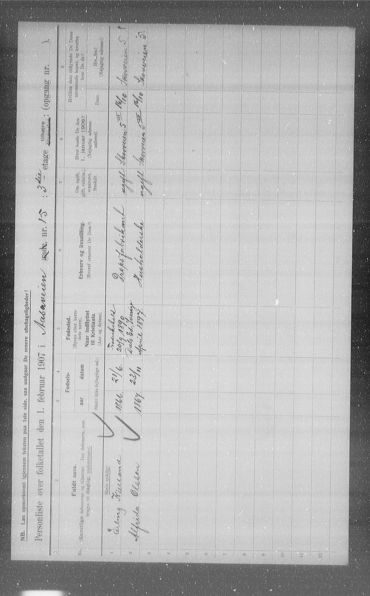 OBA, Municipal Census 1907 for Kristiania, 1907, p. 66626