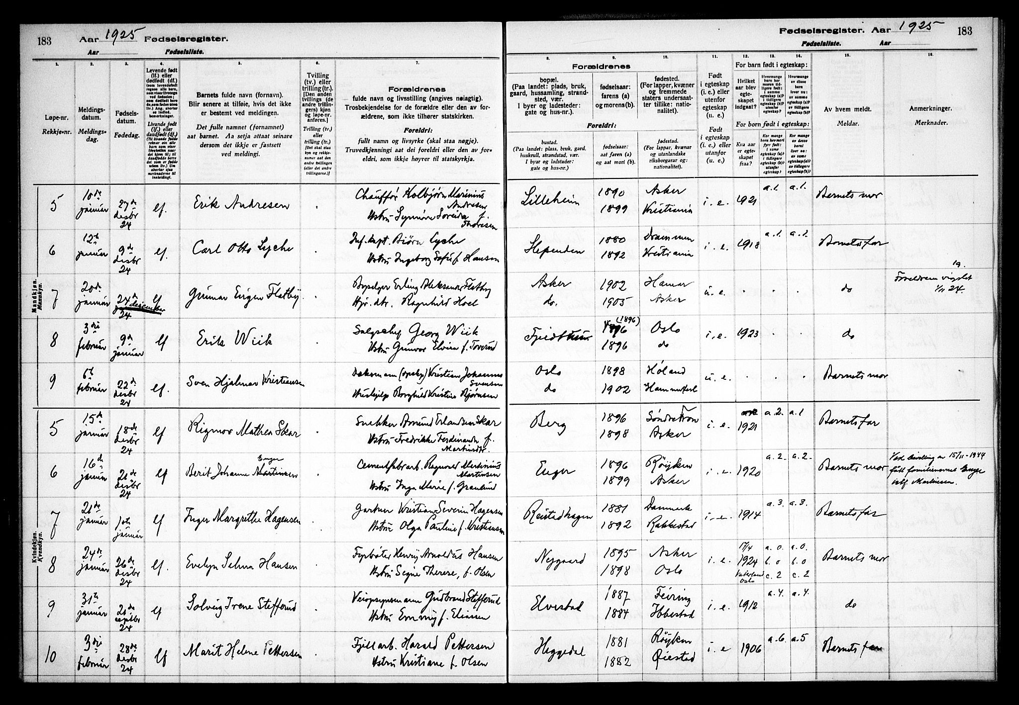 Asker prestekontor Kirkebøker, AV/SAO-A-10256a/J/L0001: Birth register no. 1, 1916-1925, p. 183