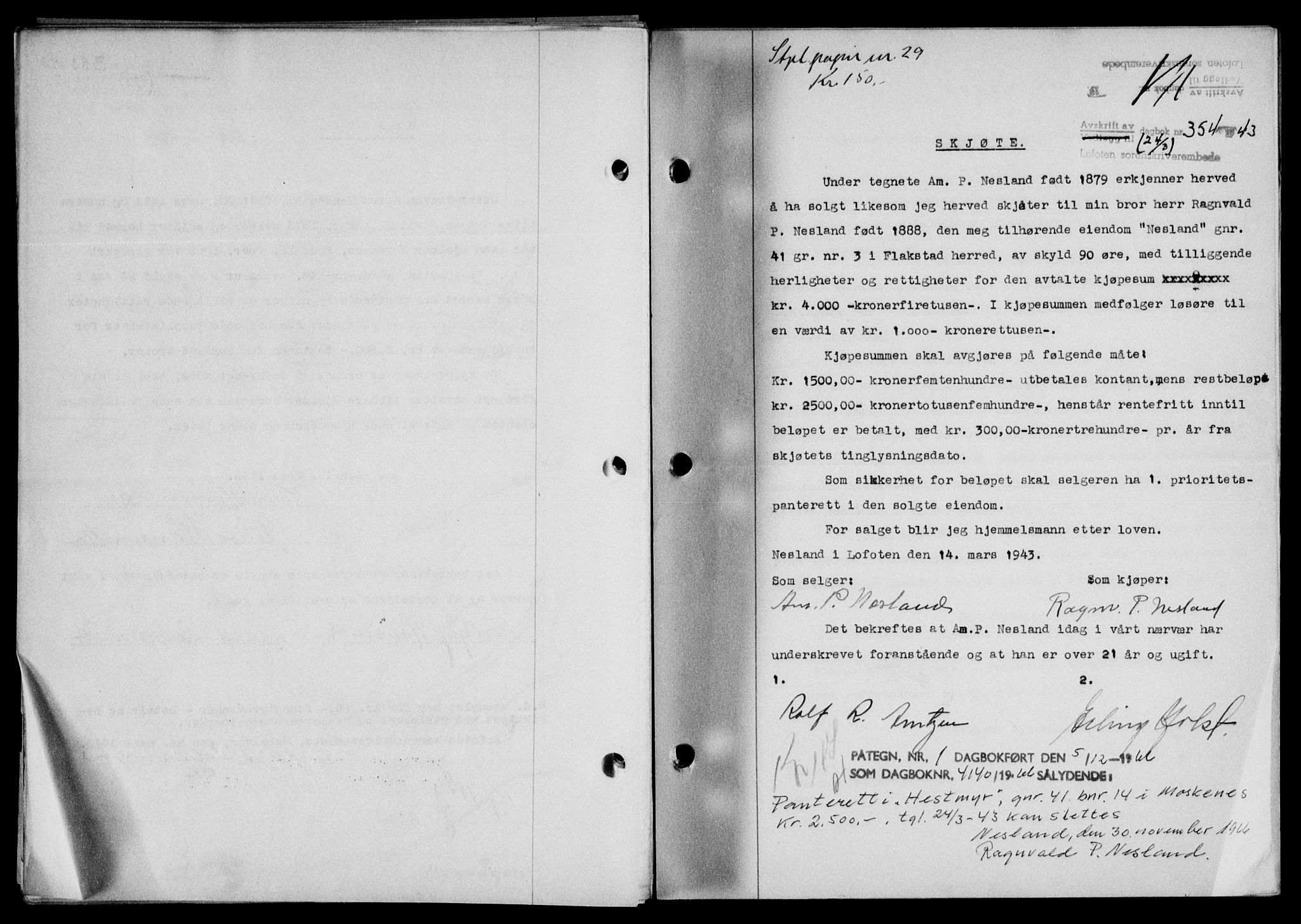 Lofoten sorenskriveri, SAT/A-0017/1/2/2C/L0011a: Mortgage book no. 11a, 1943-1943, Diary no: : 354/1943