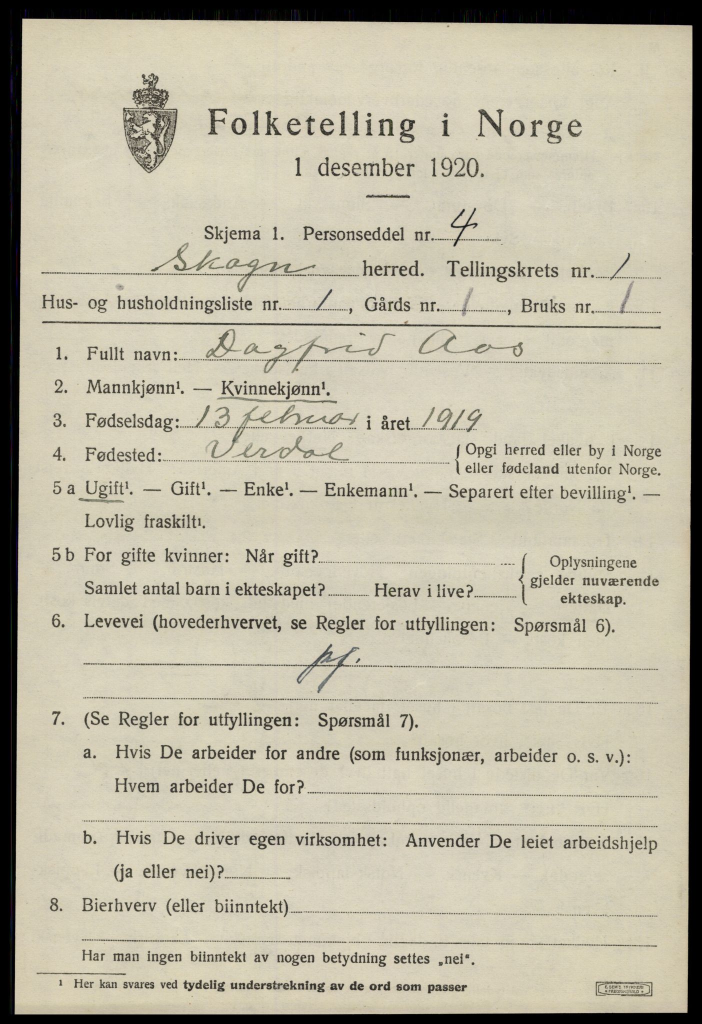 SAT, 1920 census for Skogn, 1920, p. 1289