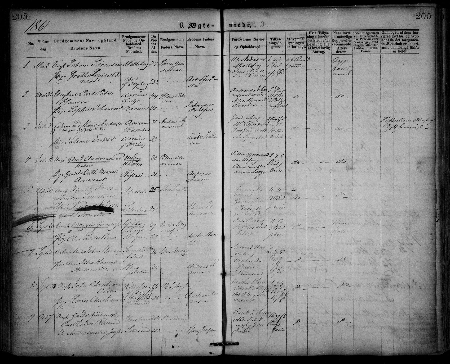 Borge prestekontor Kirkebøker, AV/SAO-A-10903/F/Fa/L0006: Parish register (official) no. I 6, 1861-1874, p. 205