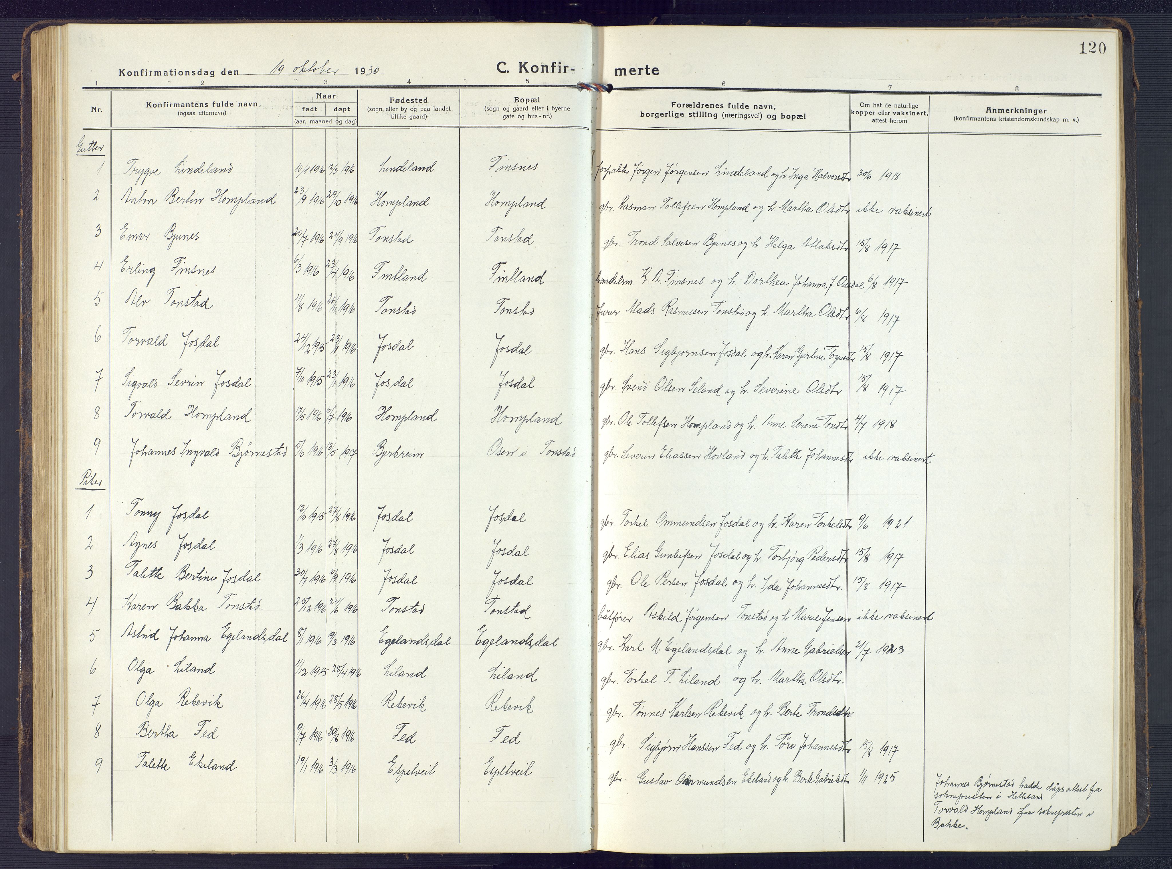 Sirdal sokneprestkontor, SAK/1111-0036/F/Fb/Fbb/L0005: Parish register (copy) no. B 5, 1916-1960, p. 120