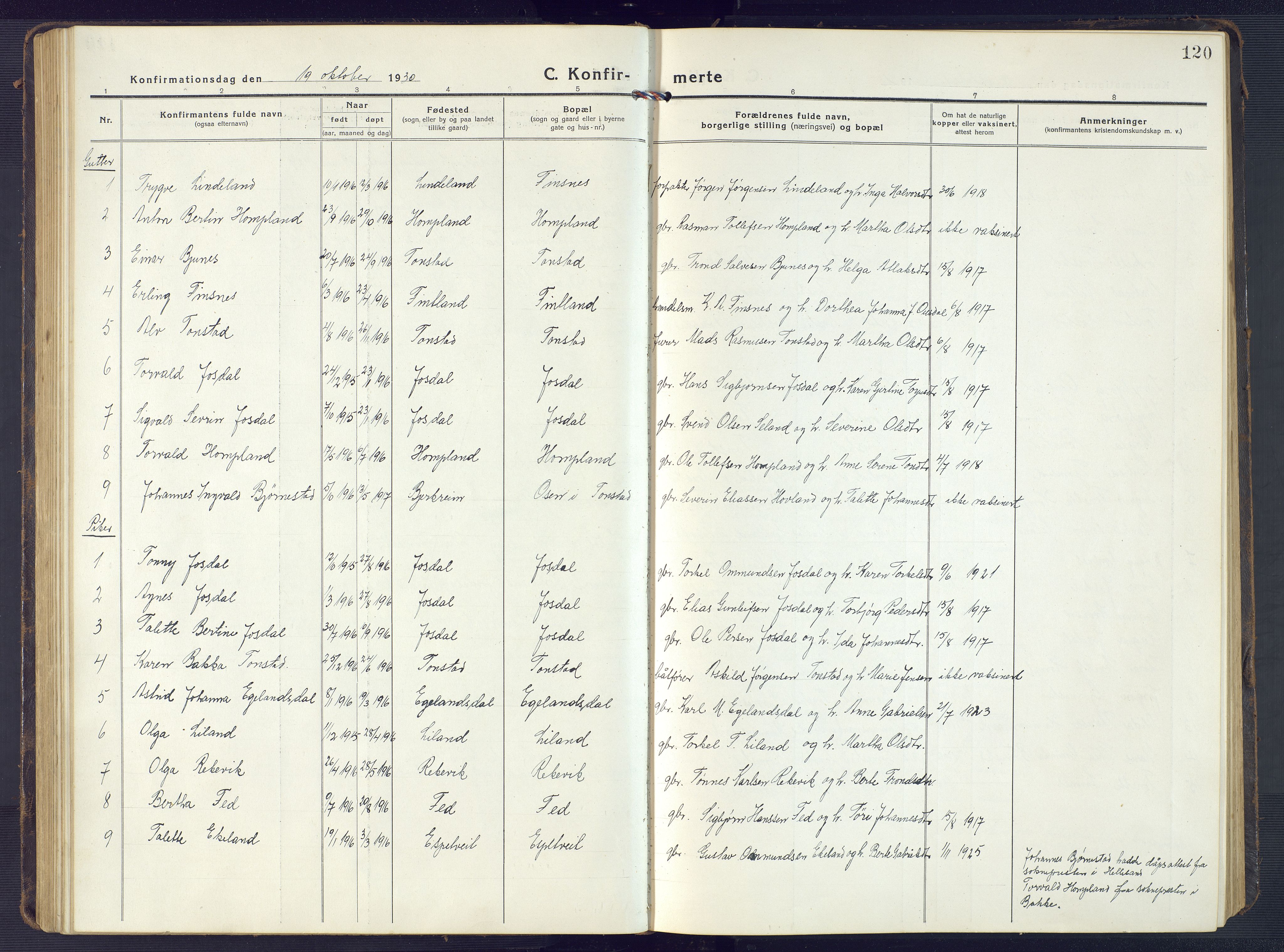 Sirdal sokneprestkontor, AV/SAK-1111-0036/F/Fb/Fbb/L0005: Parish register (copy) no. B 5, 1916-1960, p. 120