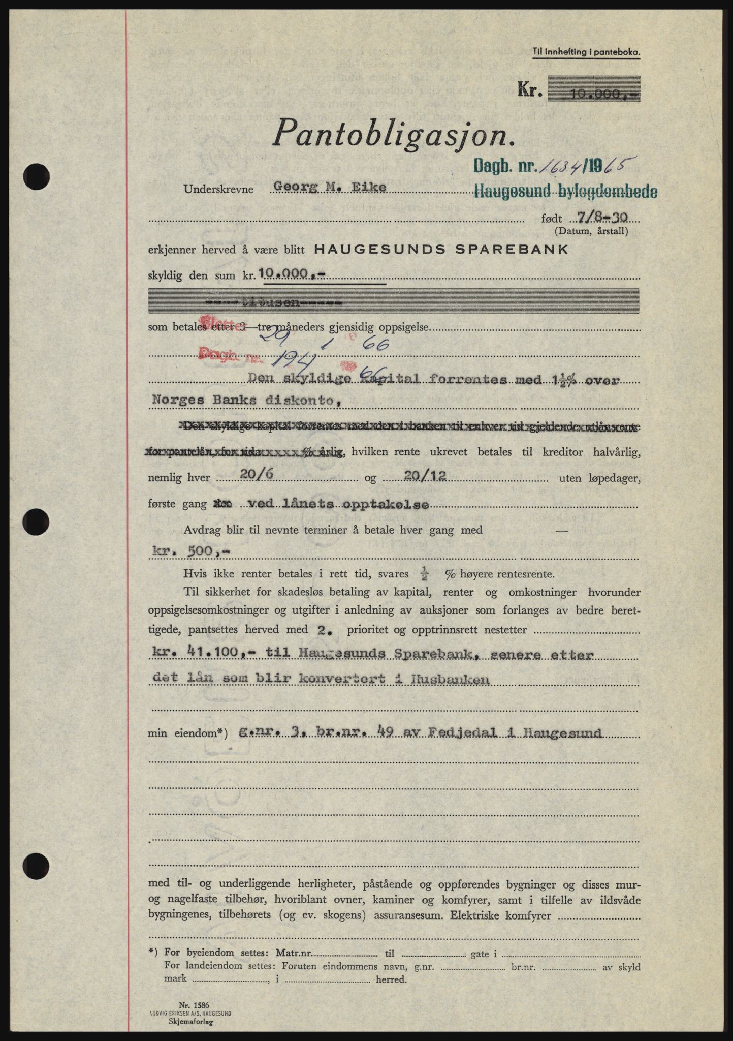 Haugesund tingrett, SAST/A-101415/01/II/IIC/L0053: Mortgage book no. B 53, 1965-1965, Diary no: : 1634/1965