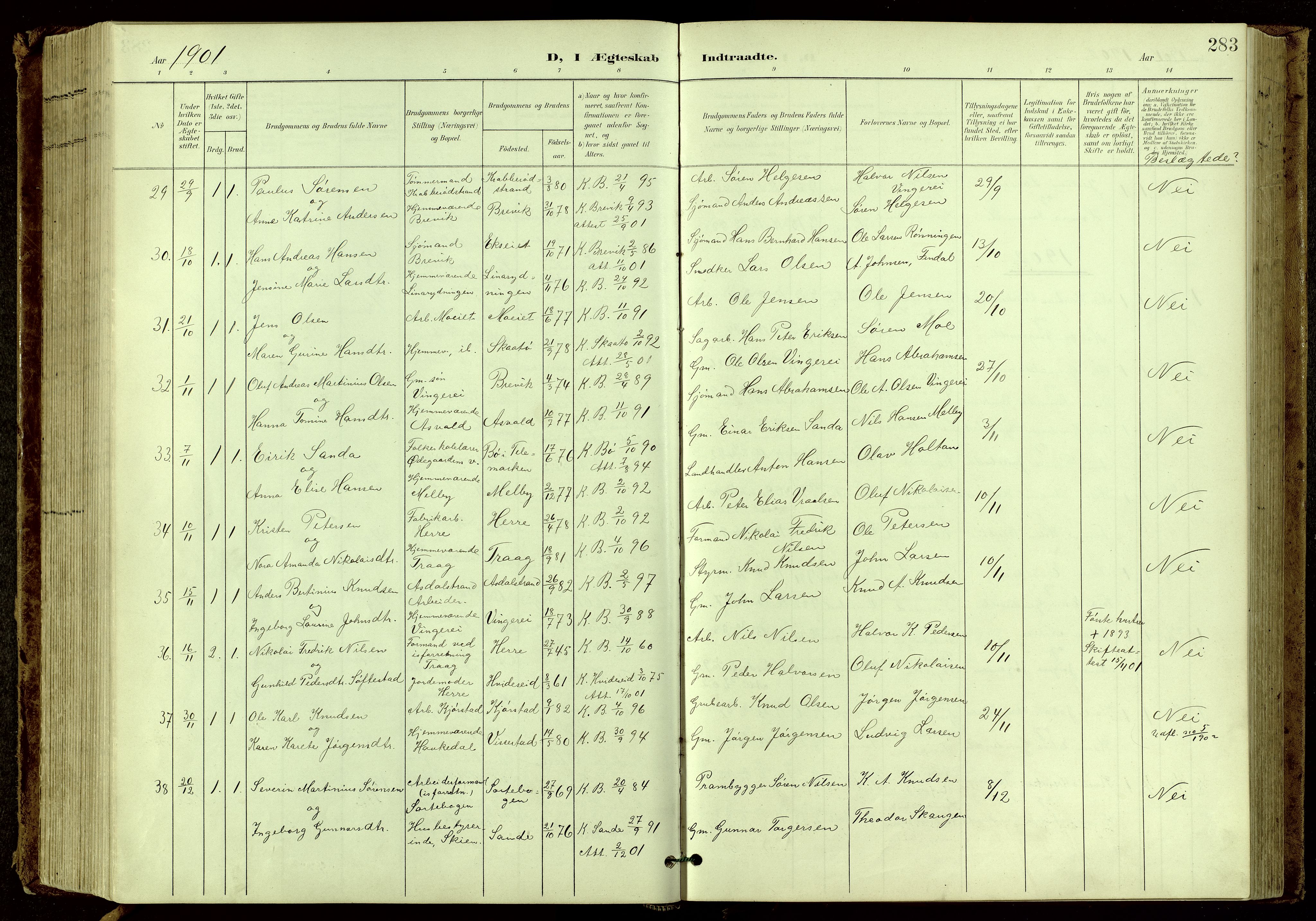Bamble kirkebøker, SAKO/A-253/G/Ga/L0010: Parish register (copy) no. I 10, 1901-1919, p. 283