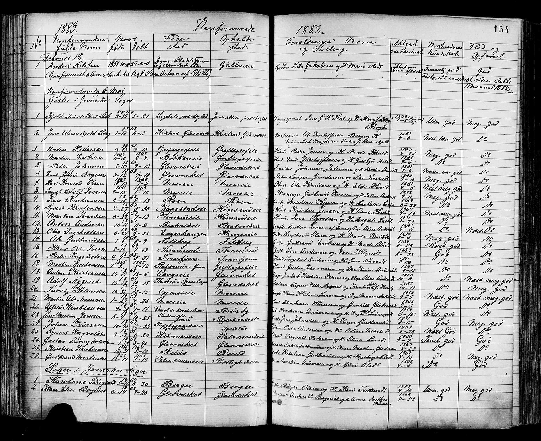 Jevnaker prestekontor, SAH/PREST-116/H/Ha/Haa/L0008: Parish register (official) no. 8, 1877-1890, p. 154