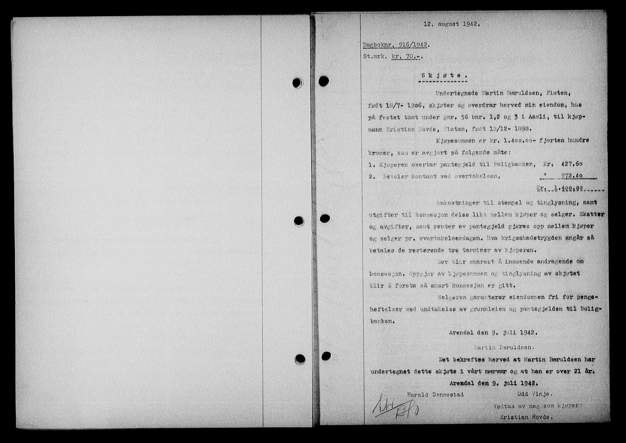 Nedenes sorenskriveri, SAK/1221-0006/G/Gb/Gba/L0049: Mortgage book no. A-III, 1941-1942, Diary no: : 916/1942
