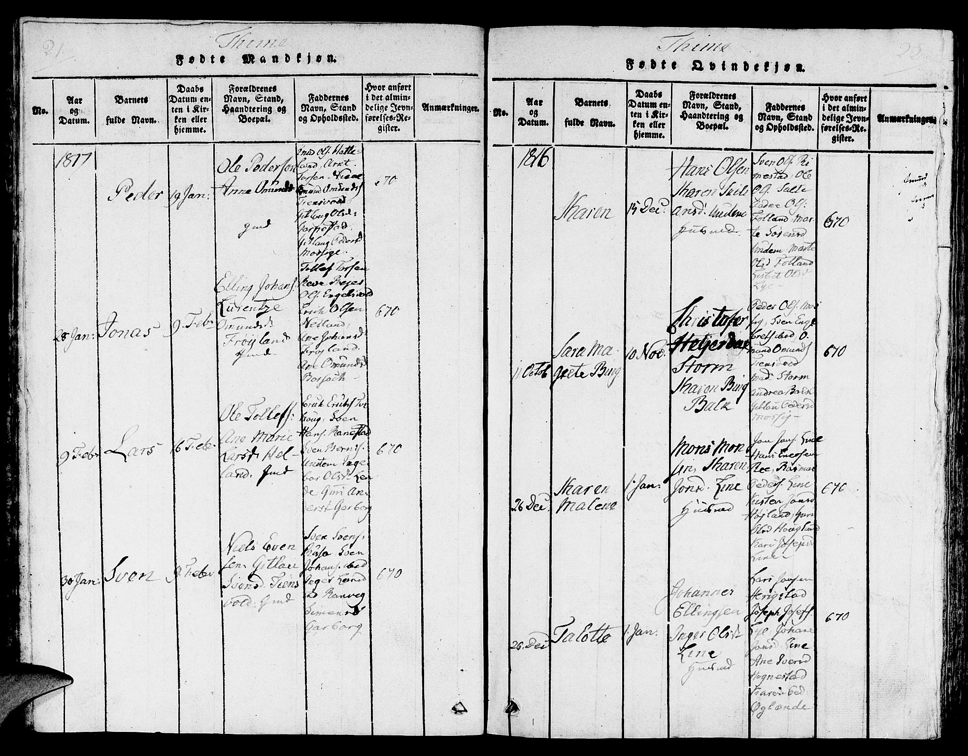 Lye sokneprestkontor, SAST/A-101794/001/30/30BA/L0003: Parish register (official) no. A 3 /1, 1816-1826, p. 21-22