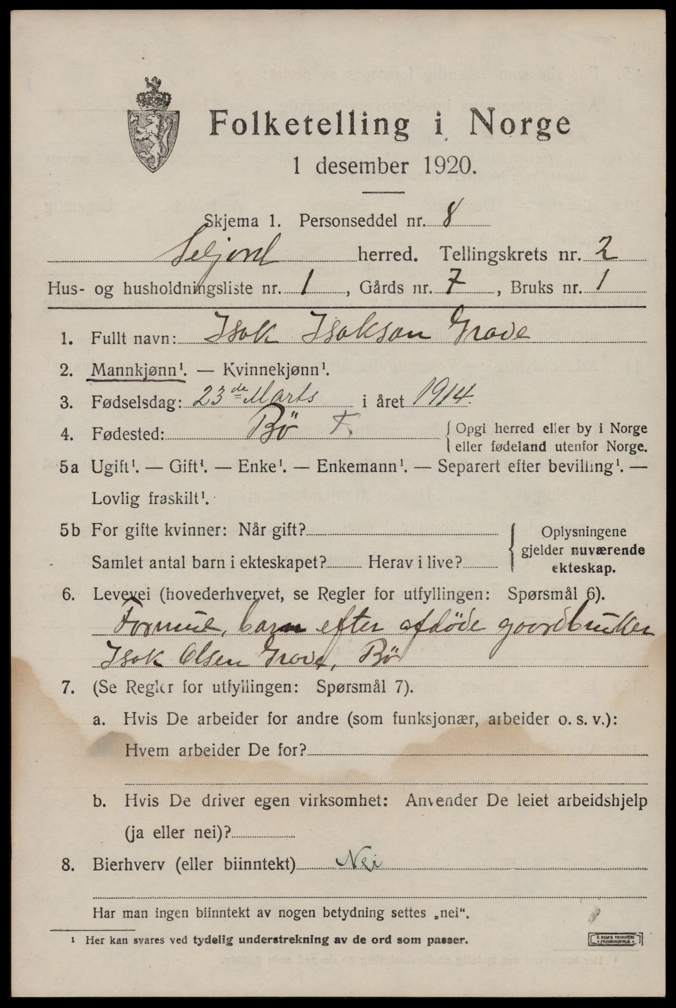 SAKO, 1920 census for Seljord, 1920, p. 1530