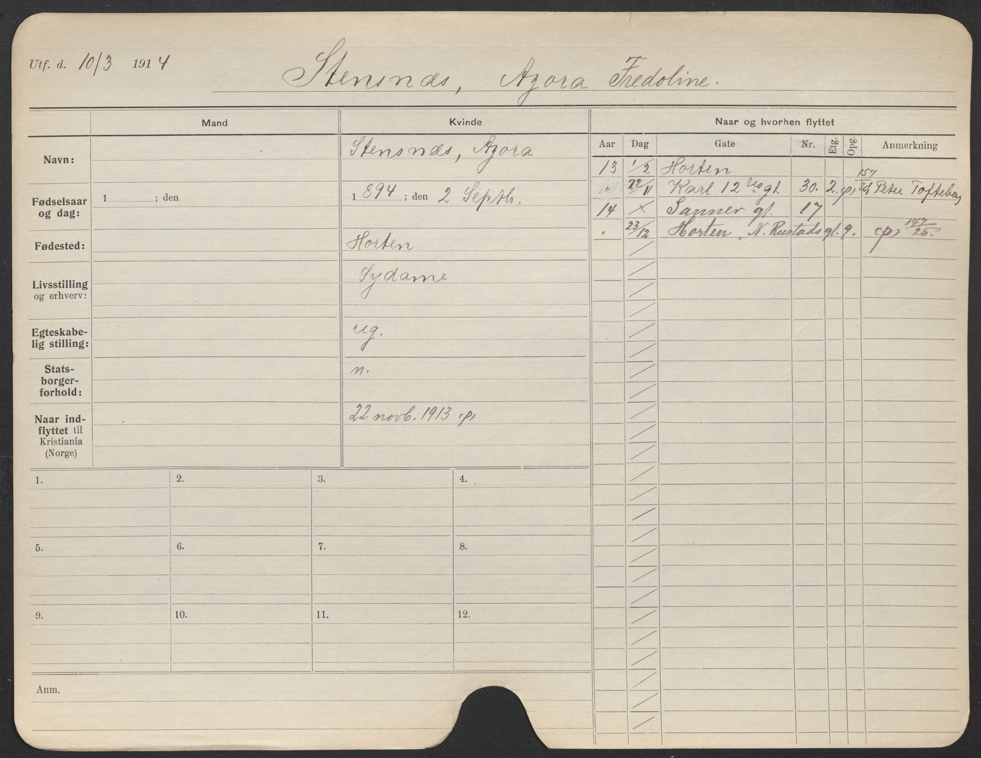 Oslo folkeregister, Registerkort, AV/SAO-A-11715/F/Fa/Fac/L0024: Kvinner, 1906-1914, p. 298a